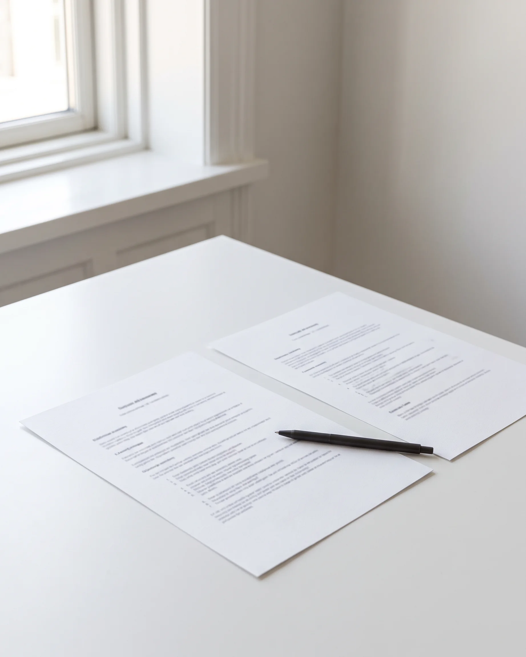 Een voorstel en een lijst met vragen voor het rapport liggen op tafel, met een pen erbij.