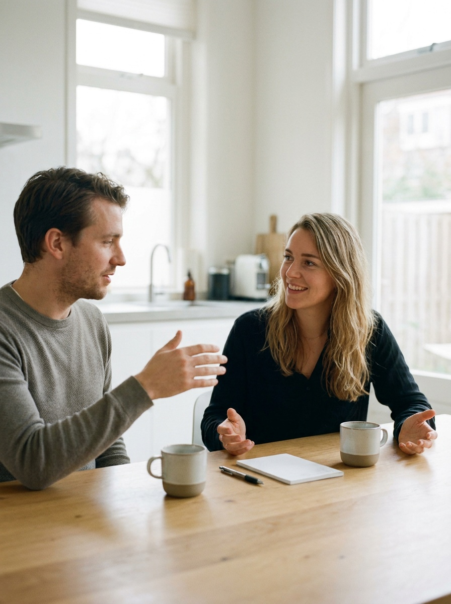 Twee mensen bespreken aan de keukentafel wat er bij de bouw misging