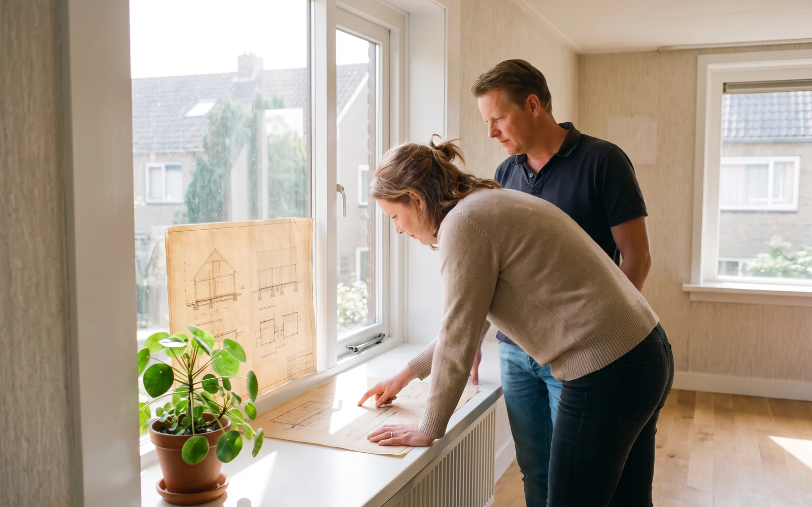 Een architect en een bewoner bekijken in de woonkamer de oude bouwtekening van de fundering