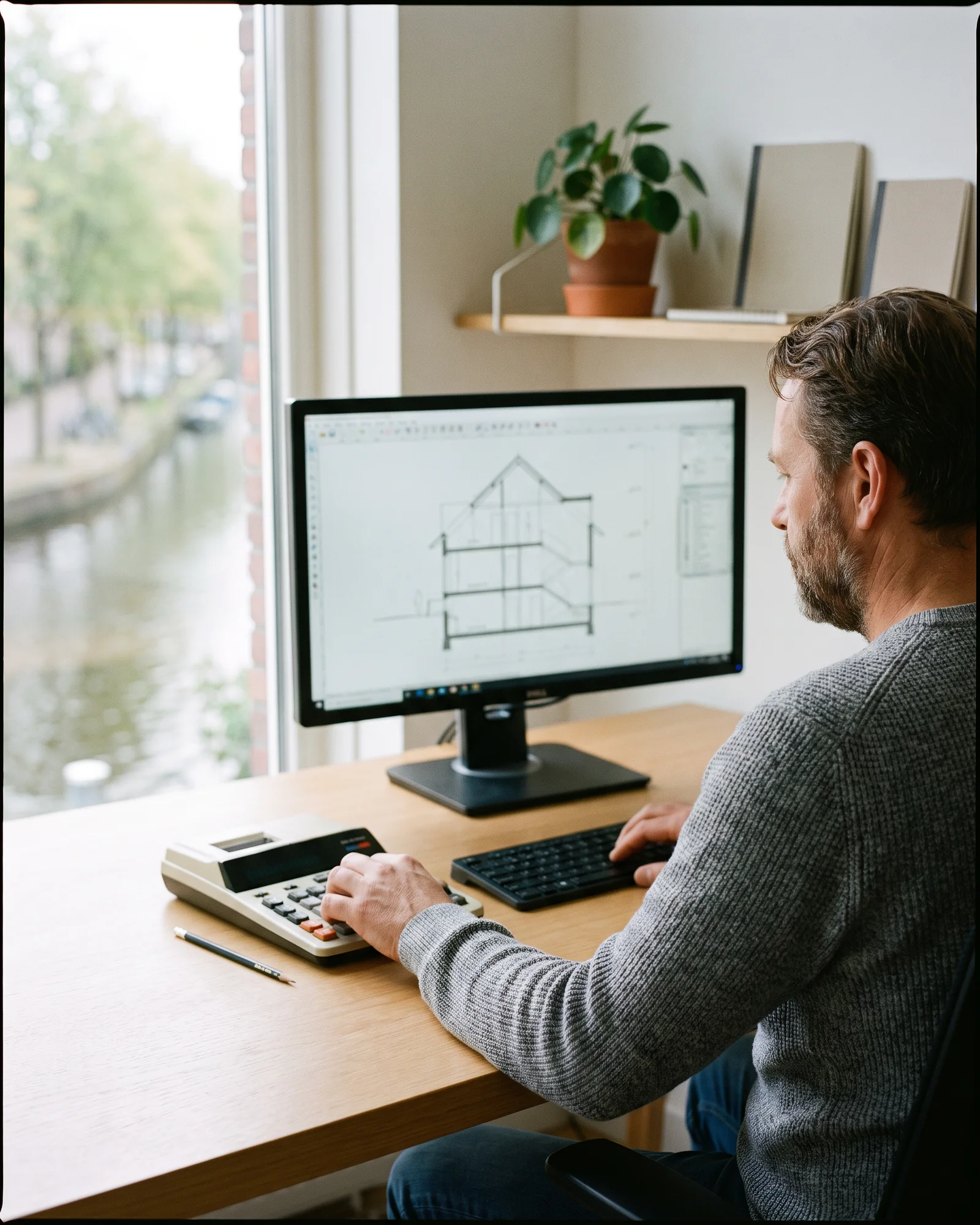 Een constructeur rekent aan een bureau met de doorsnede van een kelder op zijn scherm