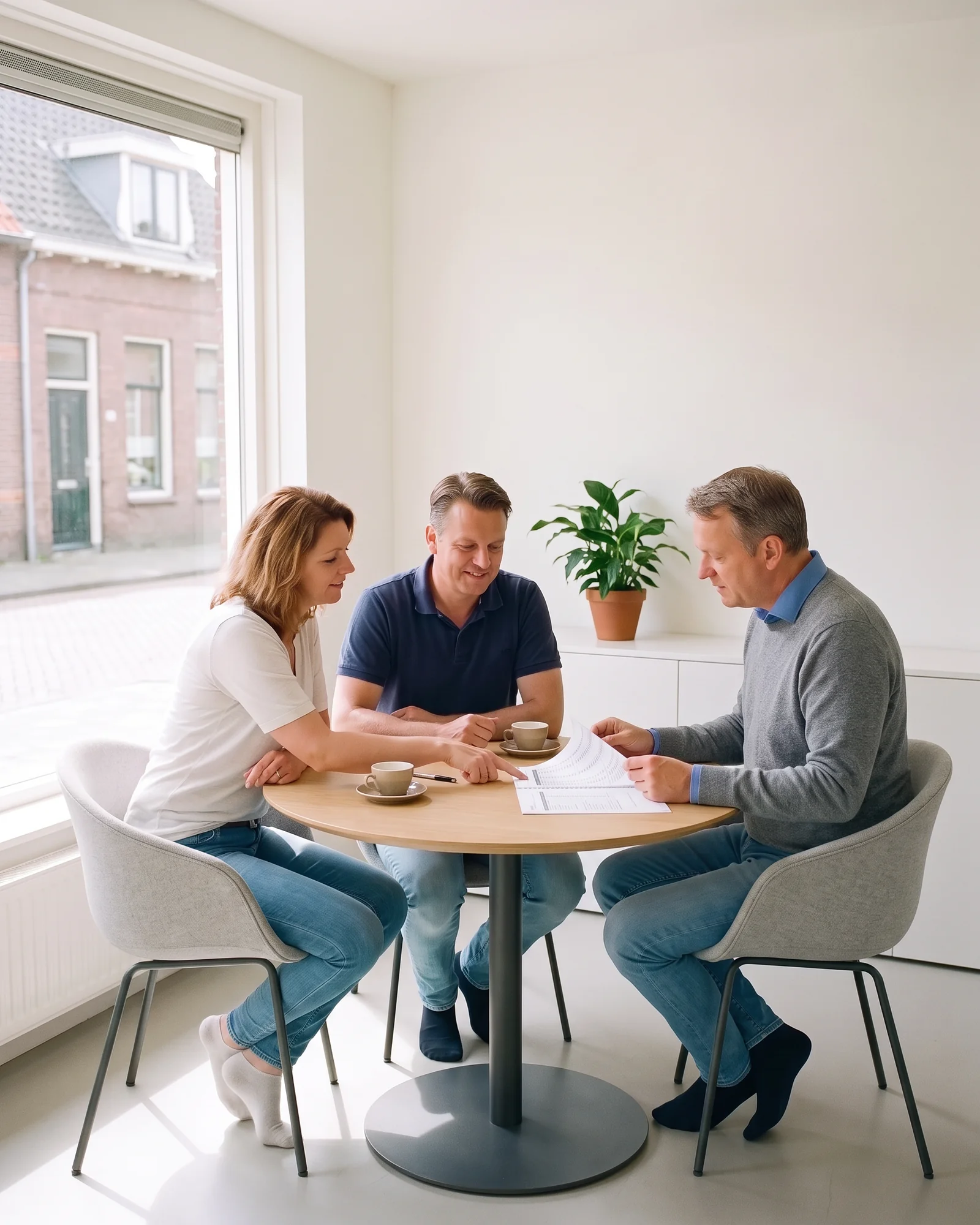 Een stel loopt bij ons op kantoor aan een ronde houten tafel met een adviseur de begroting door