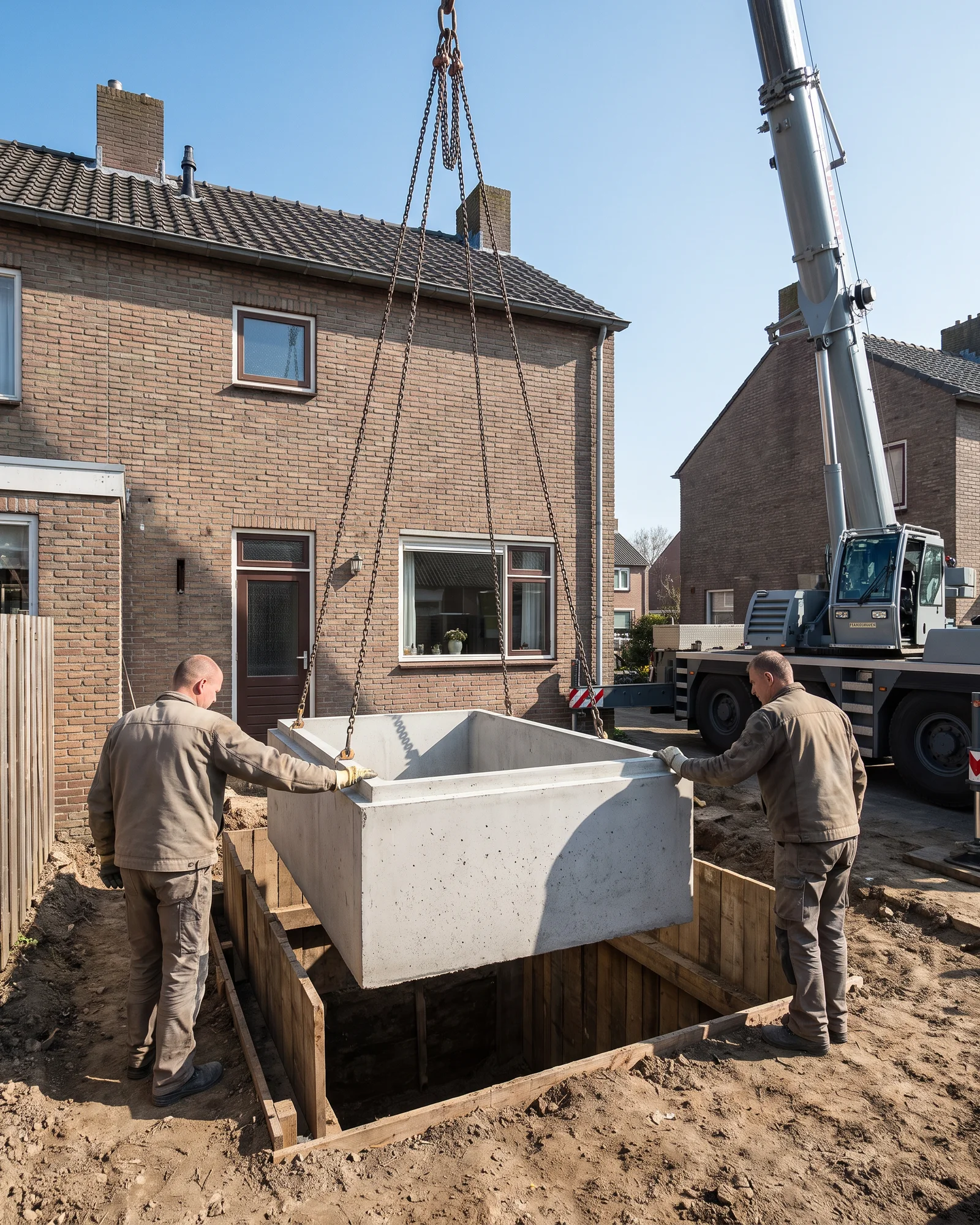 Een kraan laat een prefab kelderwand in een bouwkuip naast een woning zakken, in de zon