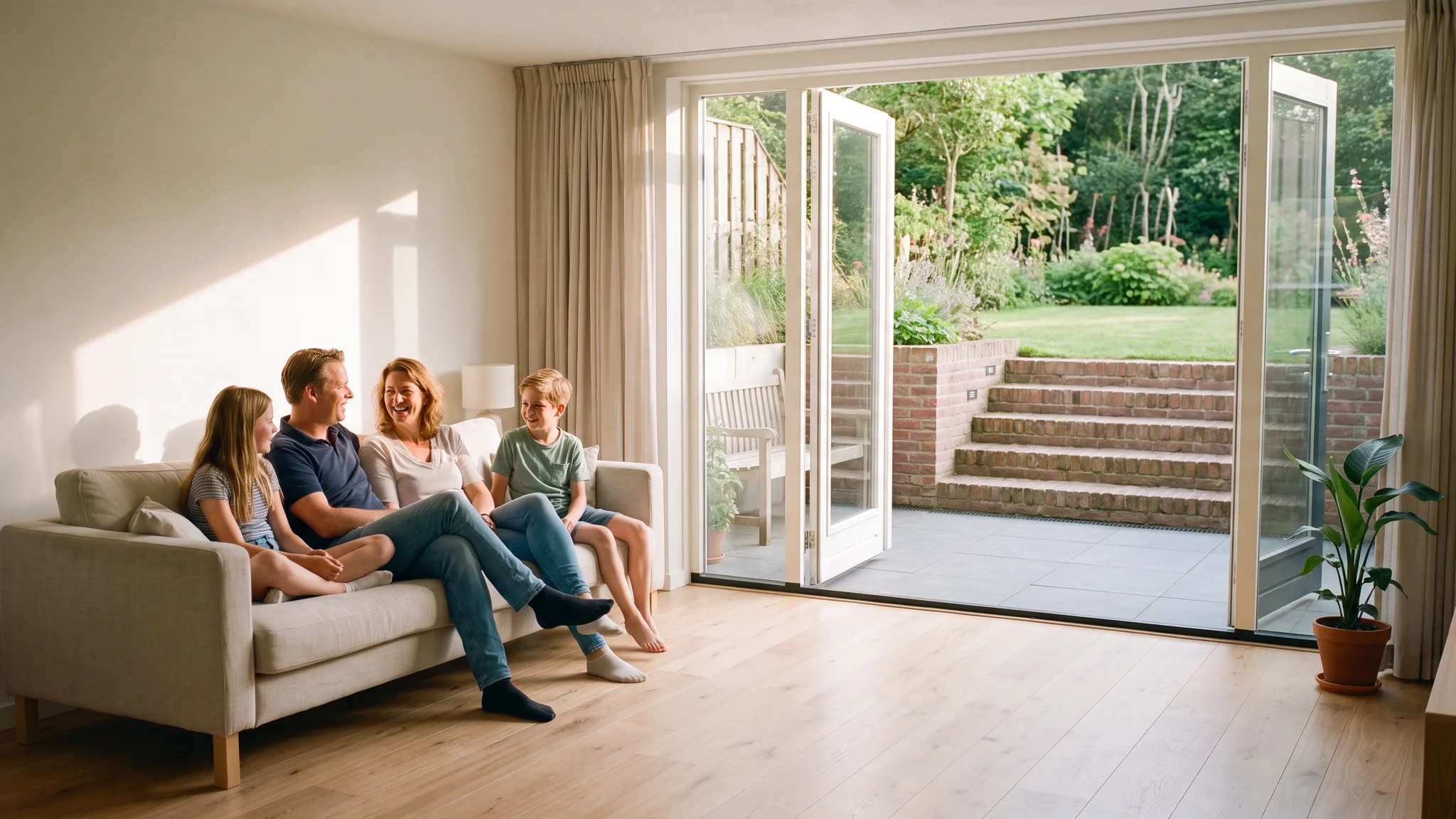 Een gezin zit op een zomeravond in hun souterrain met de tuindeuren open naar een verdiepte tuin