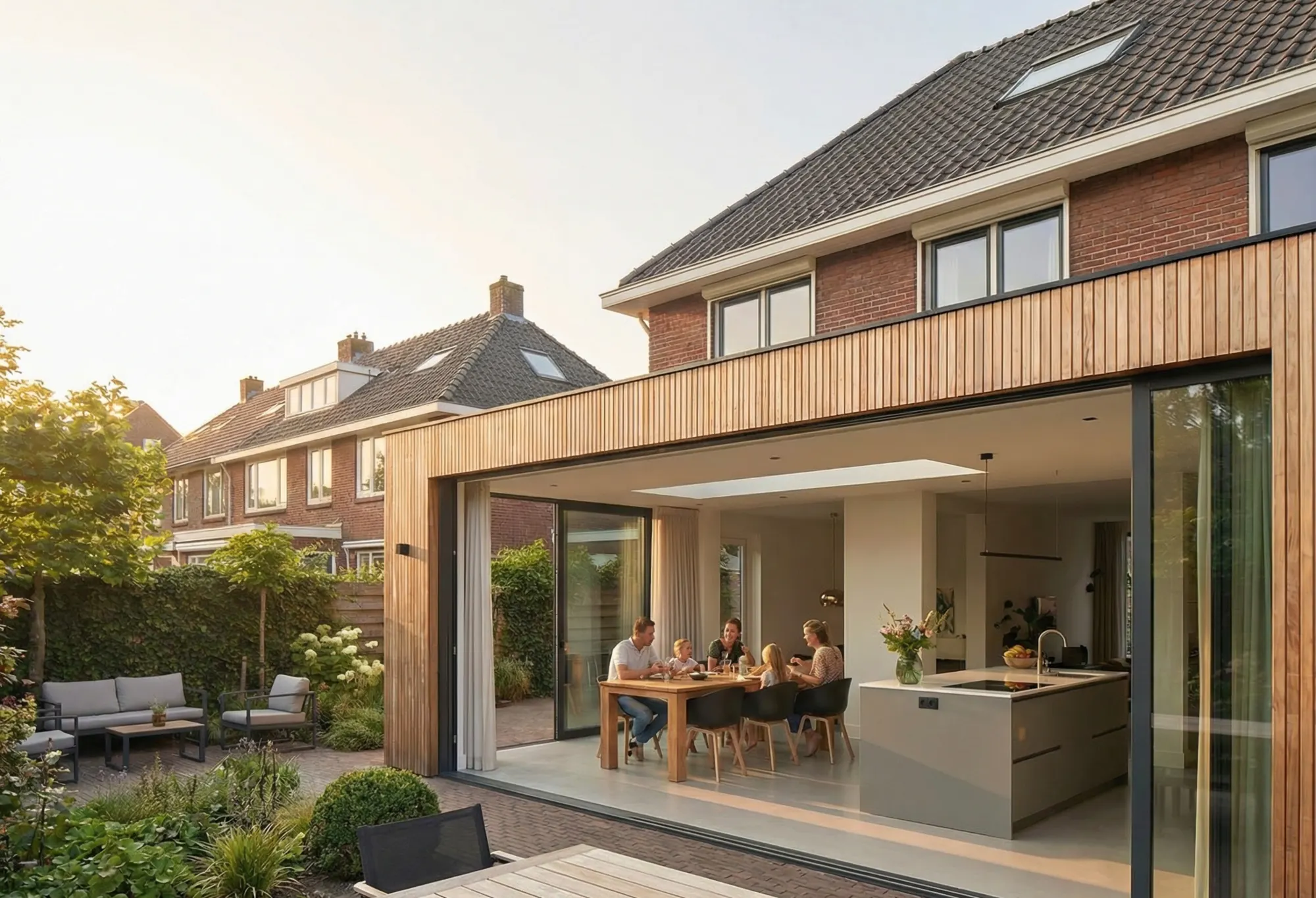 Een gezin aan tafel in hun nieuwe houten aanbouw, met de schuifpui open naar de tuin