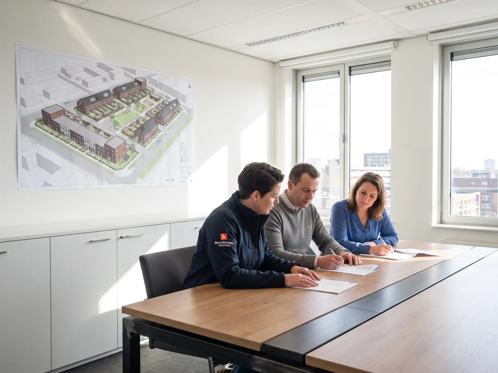 Onze kostendeskundige loopt met de projectleider en de inkoopadviseur van een woningcorporatie een aanbestedingsstuk door