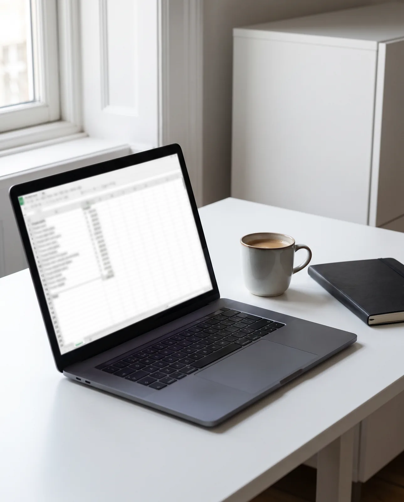 Een begroting van een nieuw huis op een laptop, met de onderdelen onder elkaar
