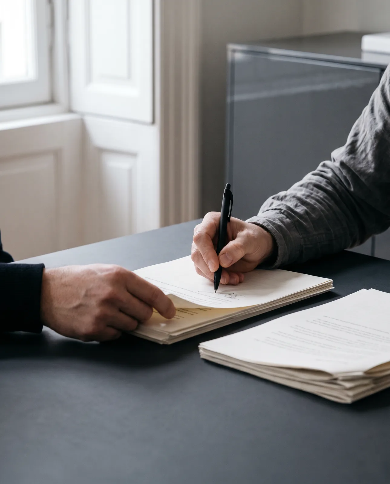 Handen tekenen een aannemingsovereenkomst op tafel