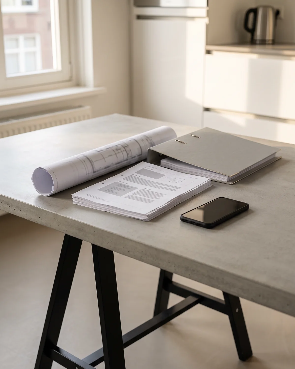 Een stapel tekeningen, een constructieberekening en een installatieadvies op een tafel