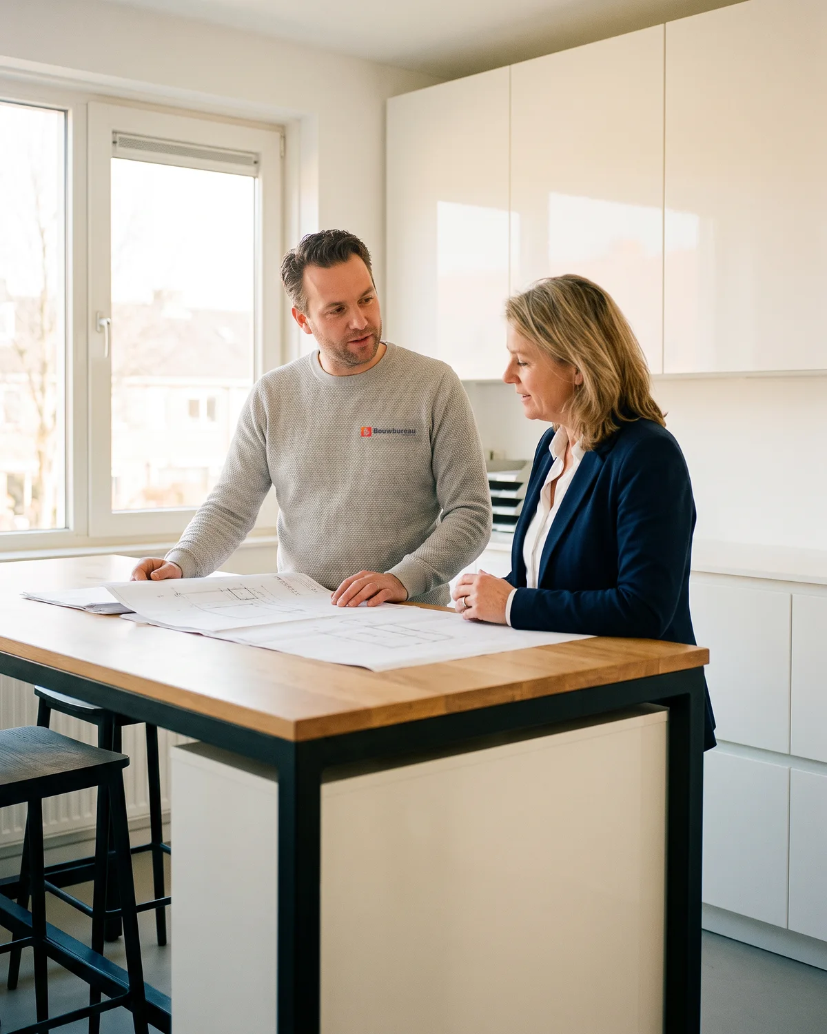 Onze bouwkundig expert en de architect van de klant aan tafel met de tekeningen