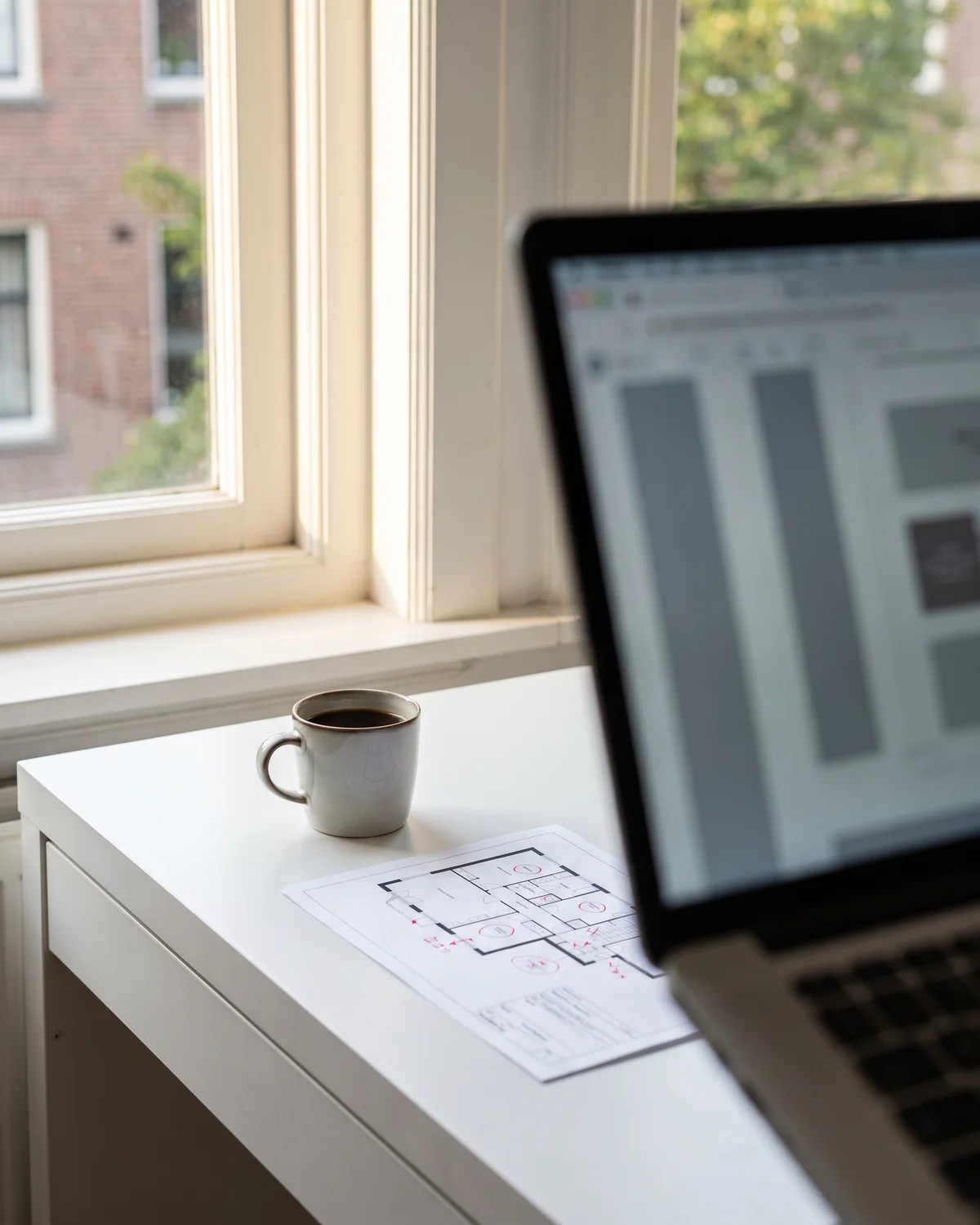 Een begroting naast de tekeningen op een bureau