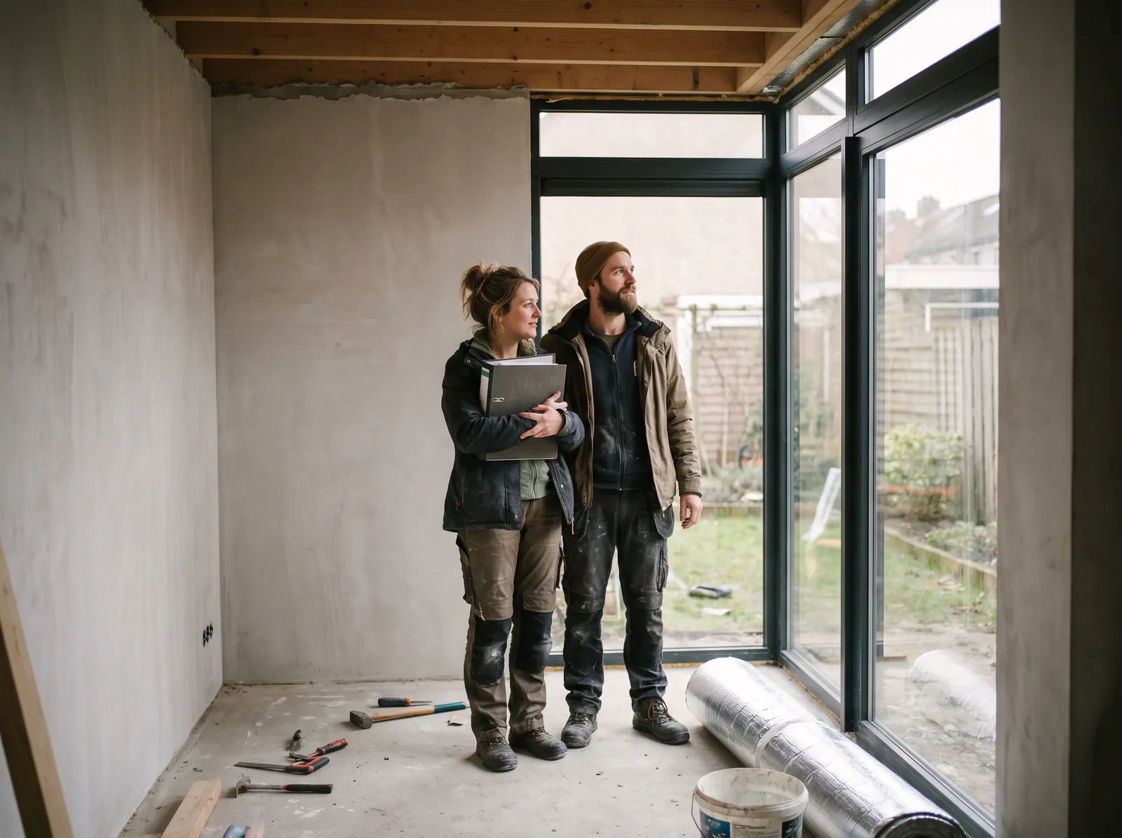 Een stel staat in hun aanbouw in wording en kijkt door de nieuwe ramen naar de tuin