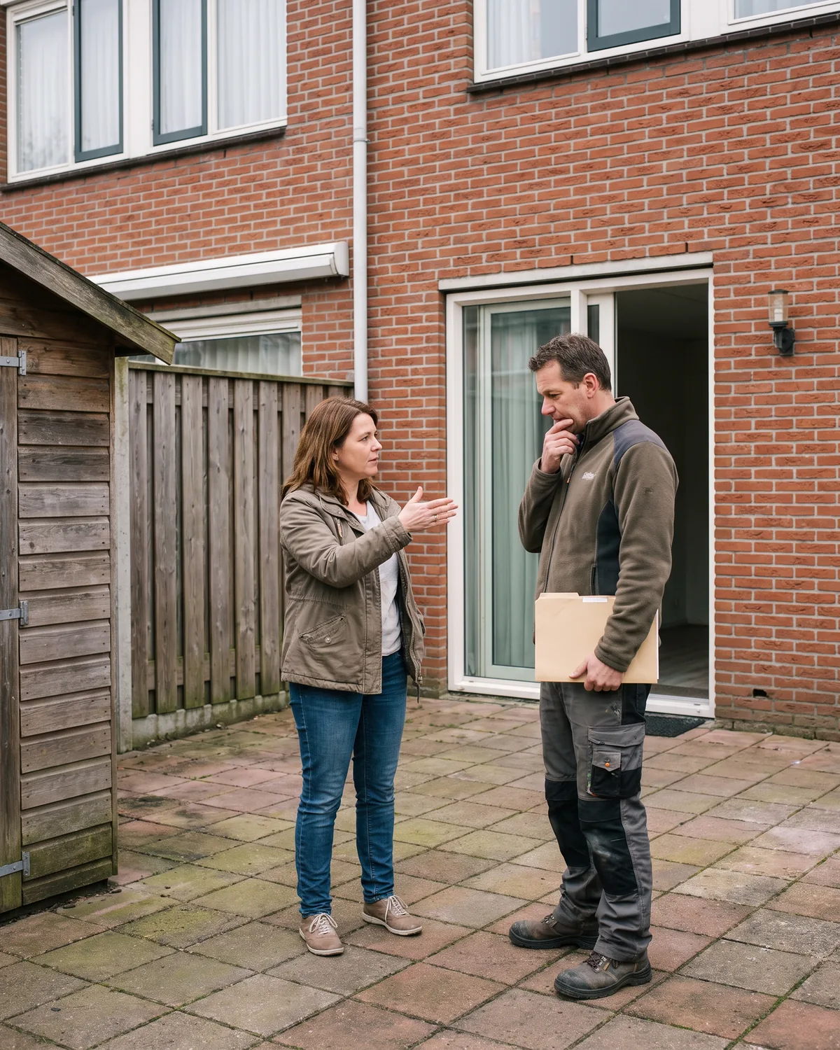 Een bouwer bespreekt met een adviseur de begroting