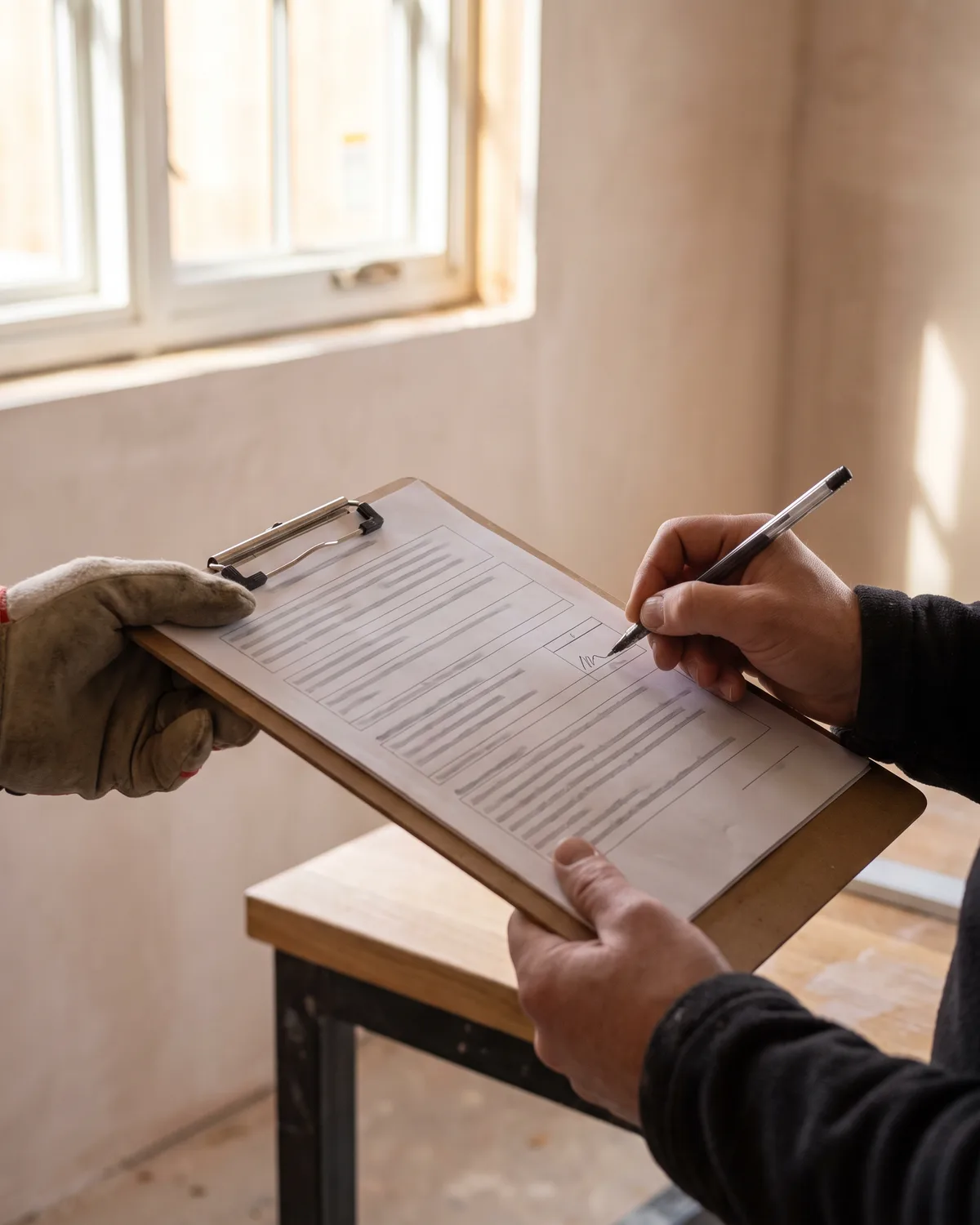 Handen zetten een handtekening op een formulier op een klembord