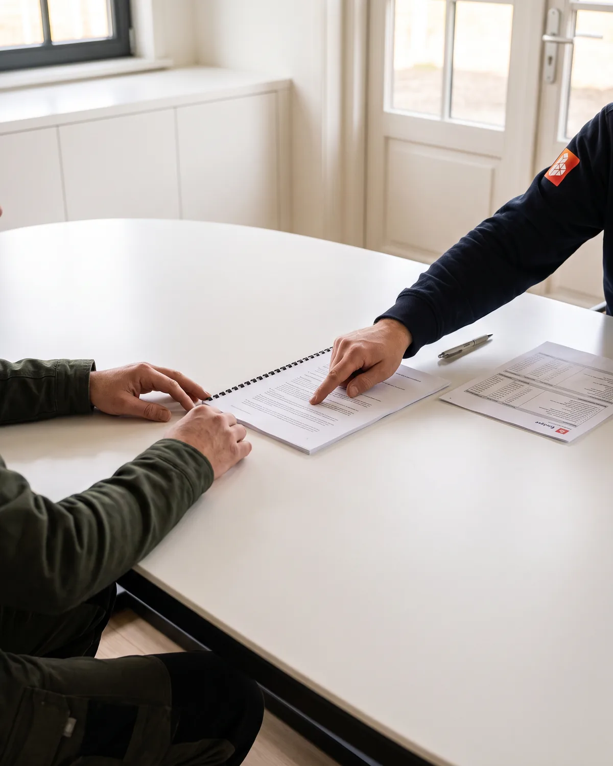 Handen leggen een aannemingscontract en een begroting naast elkaar op een ovale tafel