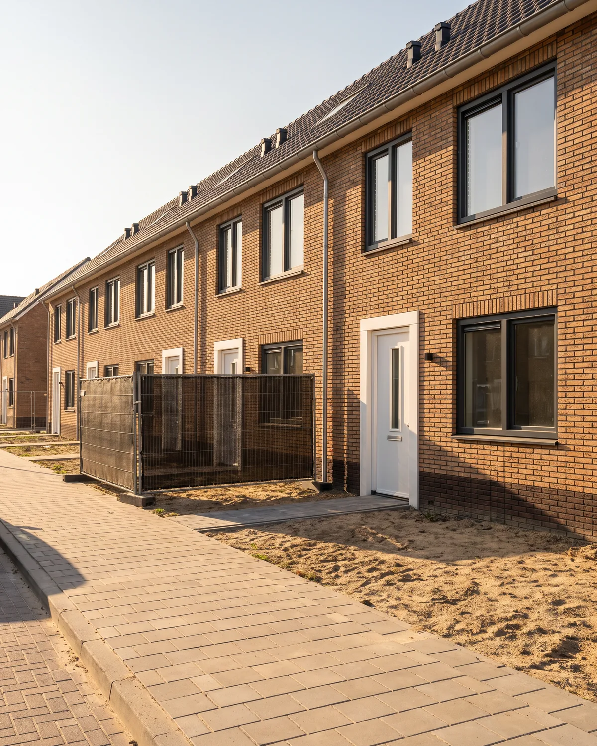 Opgeleverde rijwoningen met antraciet kozijnen, nog met een bouwhek ervoor
