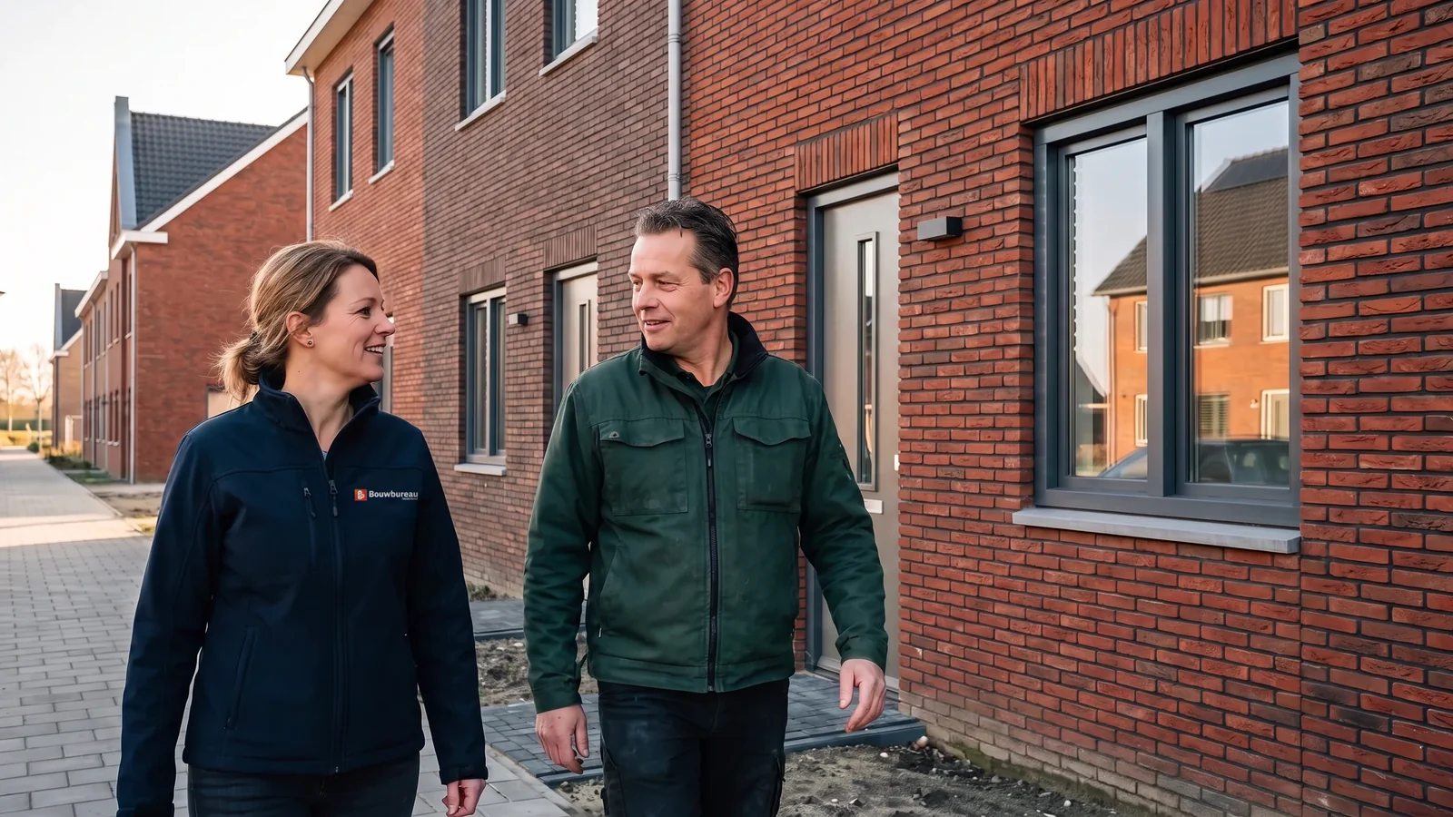 Directeur van een bouwbedrijf en een projectleider van Bouwbureau Nederland lopen samen over een bouwplaats met nieuwbouwwoningen