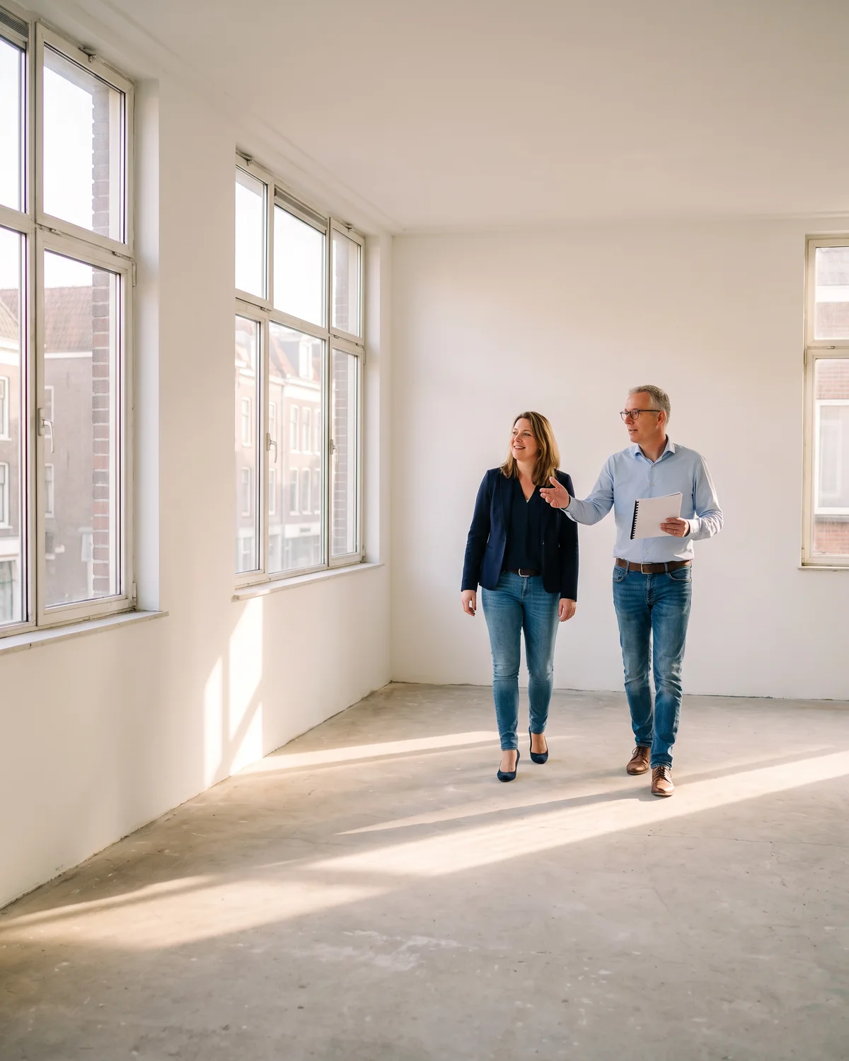 Een ontwikkelaar en een adviseur van ons lopen door een leeg pand met het rapport in de hand