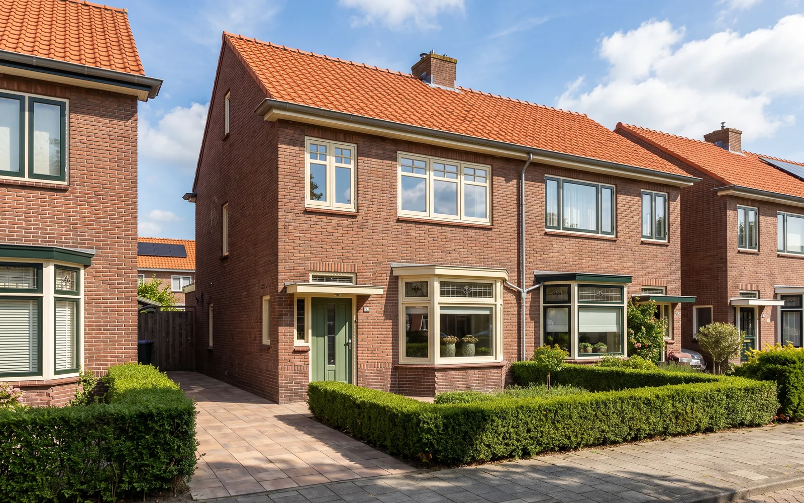 Een gerenoveerde rijwoning uit de jaren dertig op een zonnige dag, met nieuwe kozijnen, een opgeknapt dak en schoon oud metselwerk