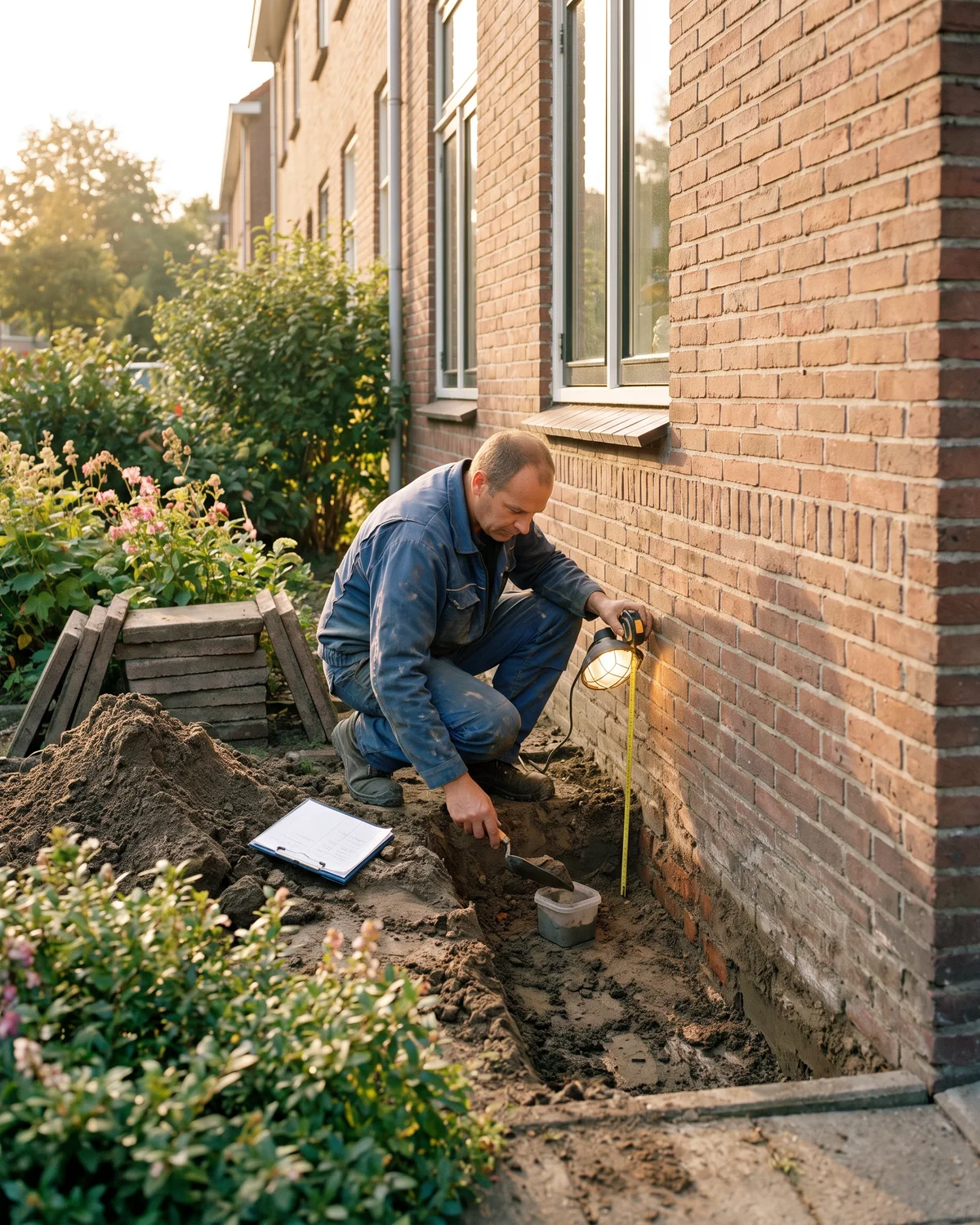 Een onderzoeker neemt in de kruipruimte een monster van de fundering, met een lamp en een klembord