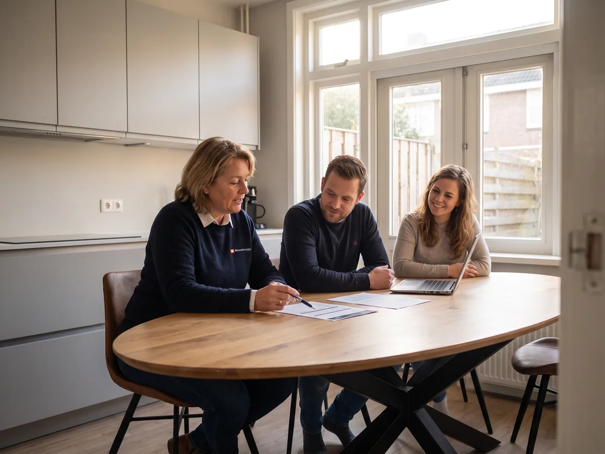 Een adviseur van ons neemt aan de keukentafel met de bewoners de begroting van hun verbouwing door