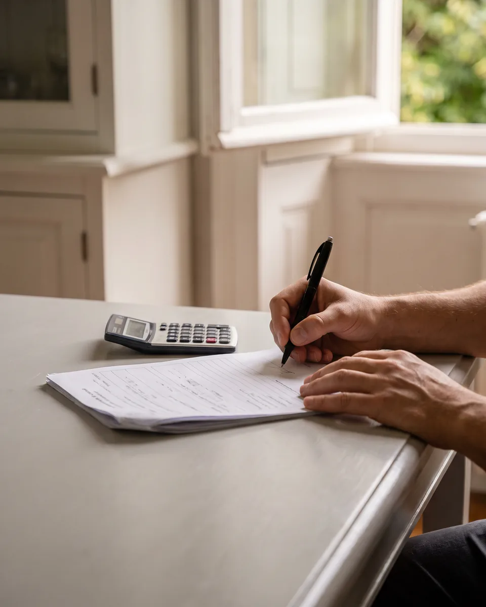 Handen tekenen het kostenformulier voor de taxateur aan een tafel, met een pen en een rekenmachine ernaast