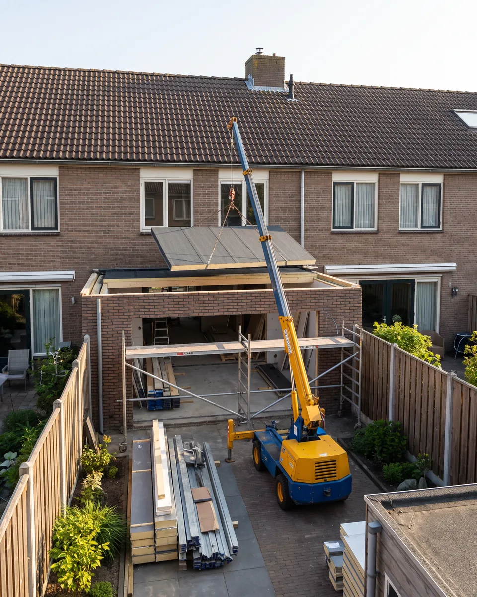 Een kraan tilt een prefab dakelement op de uitbouw van een rijwoning, op een zonnige dag