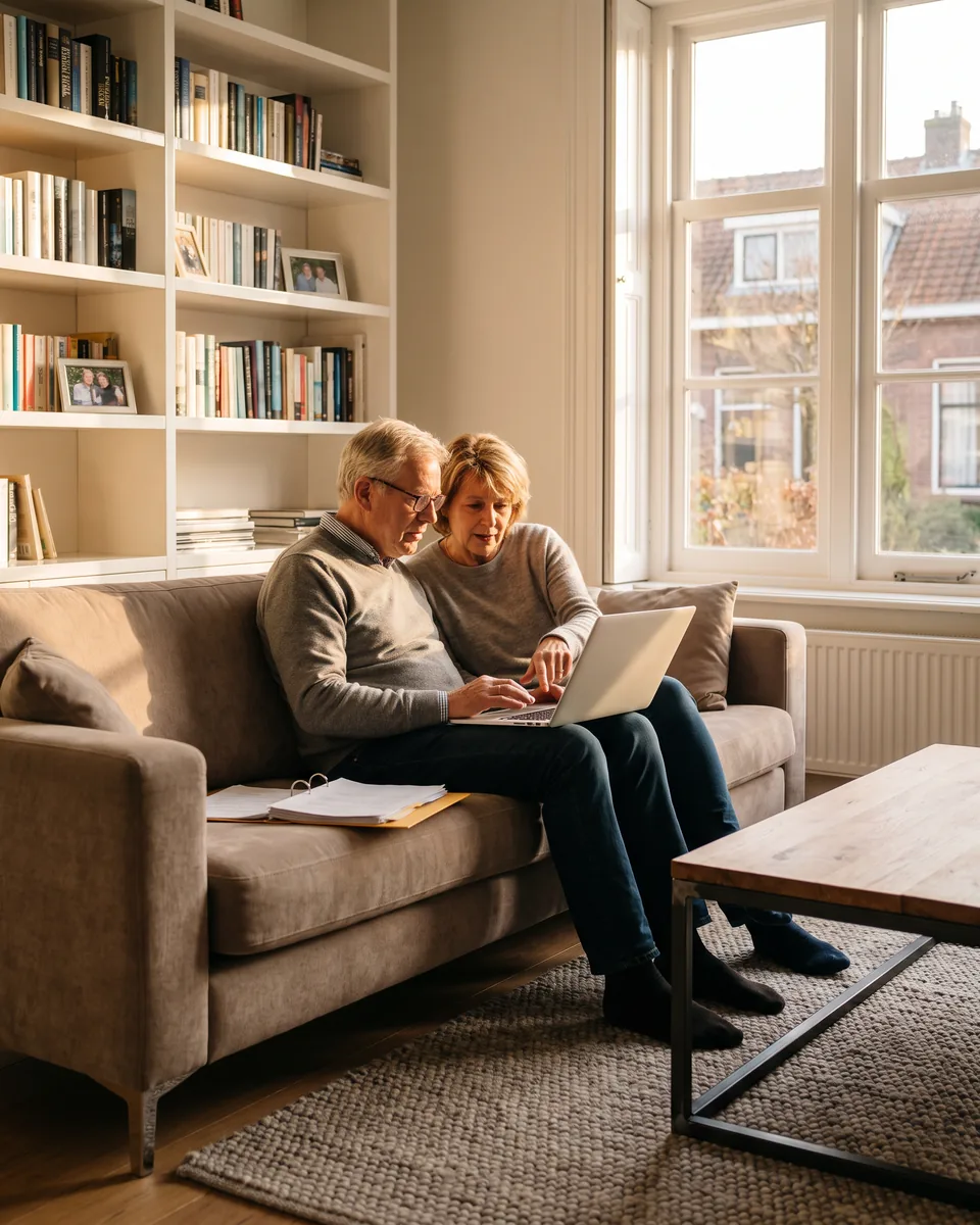 Twee bewoners vullen op de bank in hun warme woonkamer samen de aanvraag in op een laptop