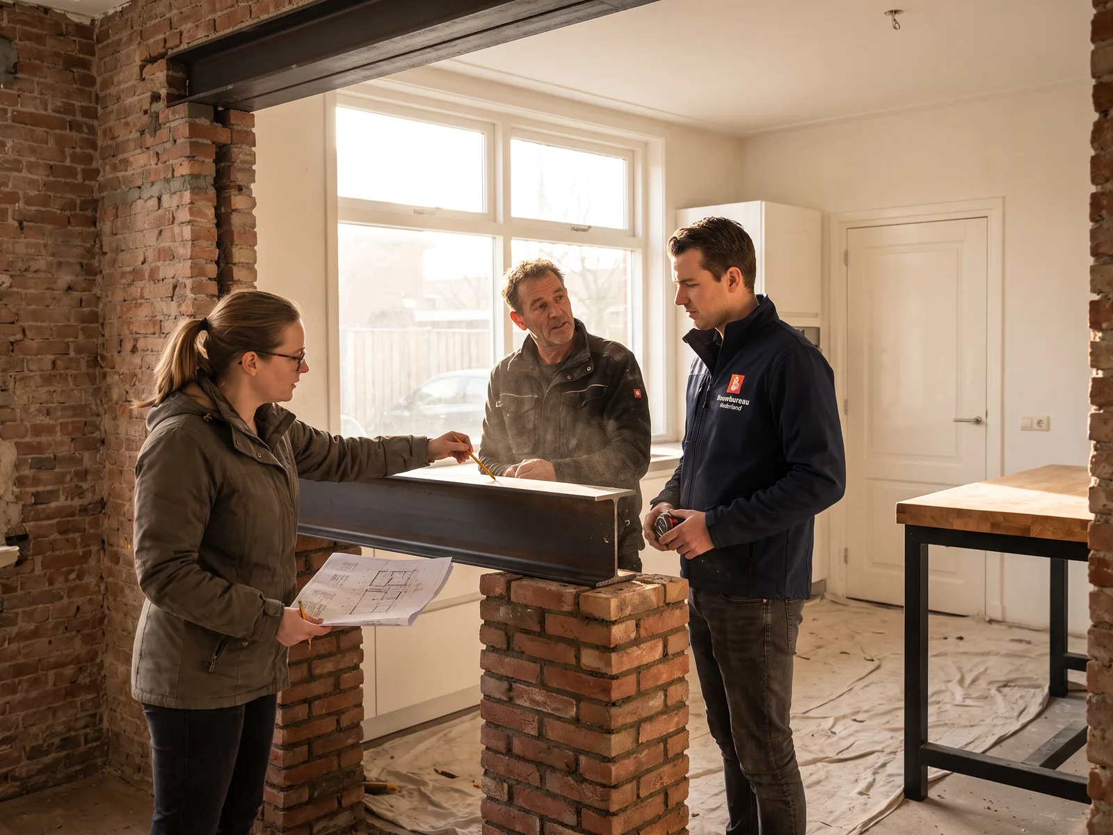 Bij een nieuwe stalen ligger in een verbouwing bespreken onze constructeur, de eigenaar van een bouwbedrijf en zijn uitvoerder de oplegging, met de tekening erbij