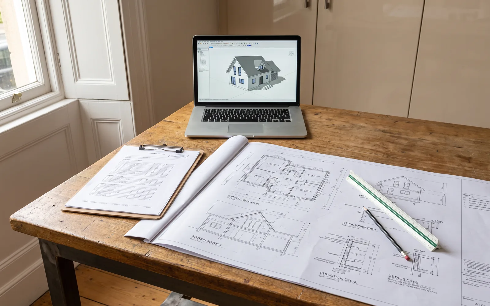 Een bouwtekening, een constructieberekening en een laptop met een 3D-model van dezelfde woning op een werktafel