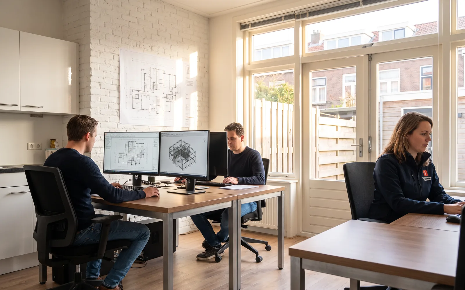 Twee tekenaars werken op kantoor aan bouwtekeningen en een 3D-model
