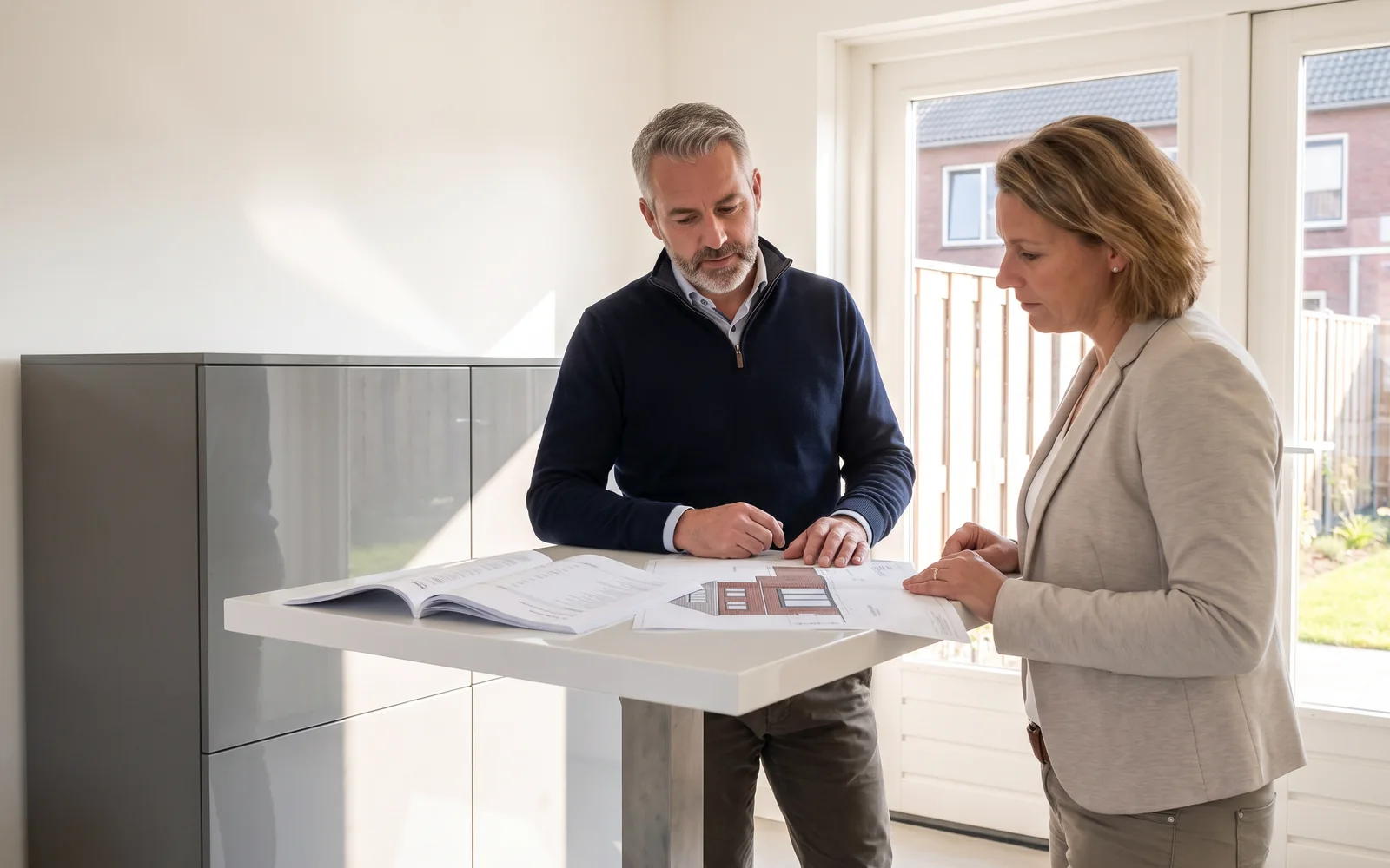 Een adviseur loopt met een bewoonster de begroting en de tekening van een uitbouw door