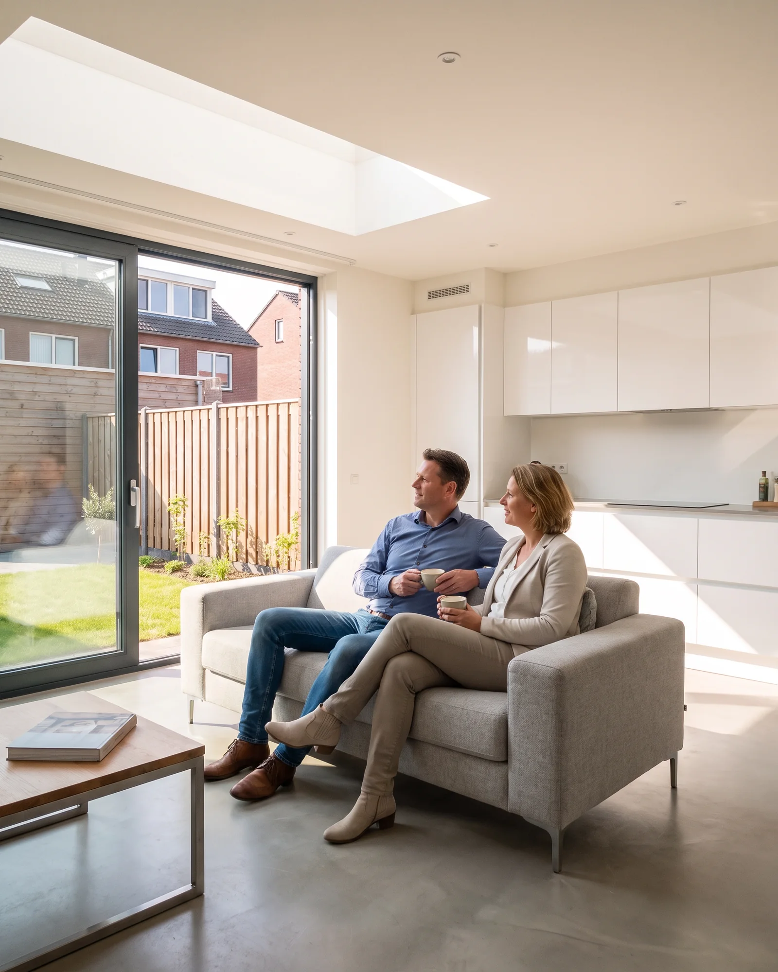 Een stel zit op de bank in hun nieuwe uitbouw, de schuifpui staat open naar de zonnige tuin