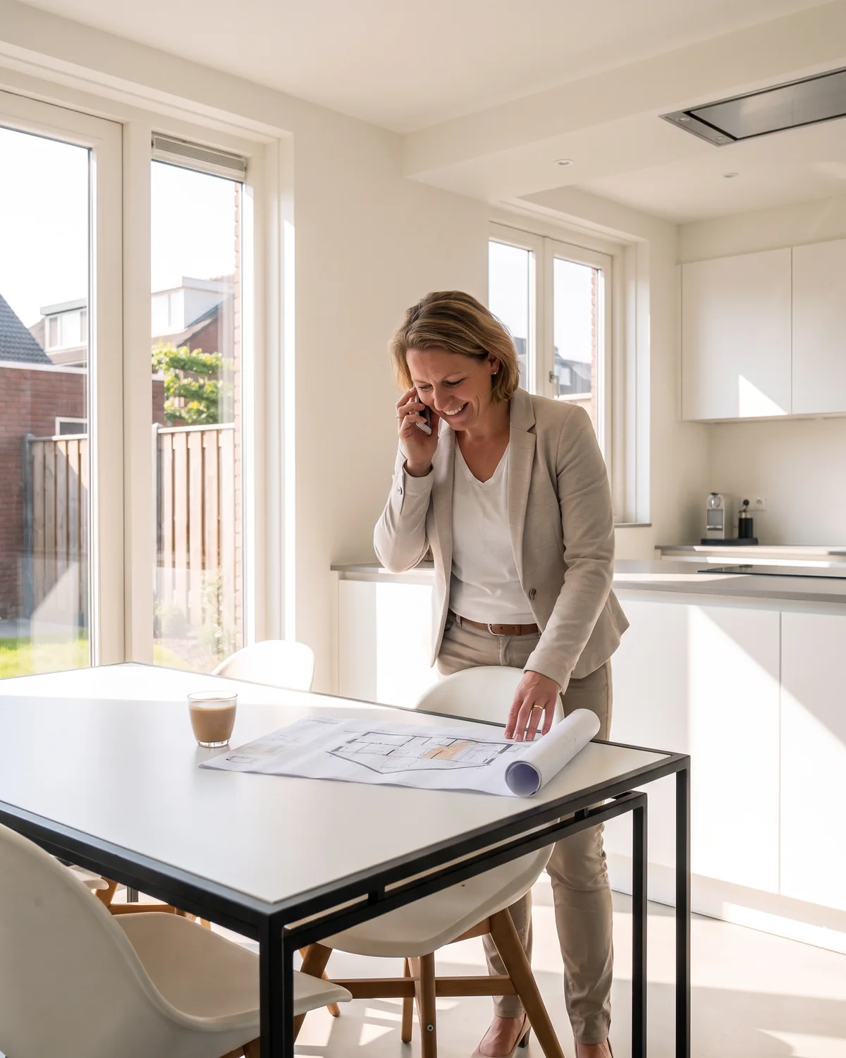 Een bewoonster legt aan tafel de tekening van haar verbouwing klaar en belt met ons