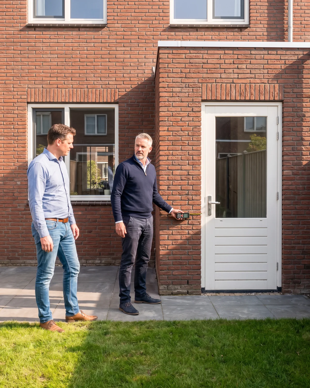 Een adviseur meet de achtergevel op waar de uitbouw komt, de bewoner kijkt mee