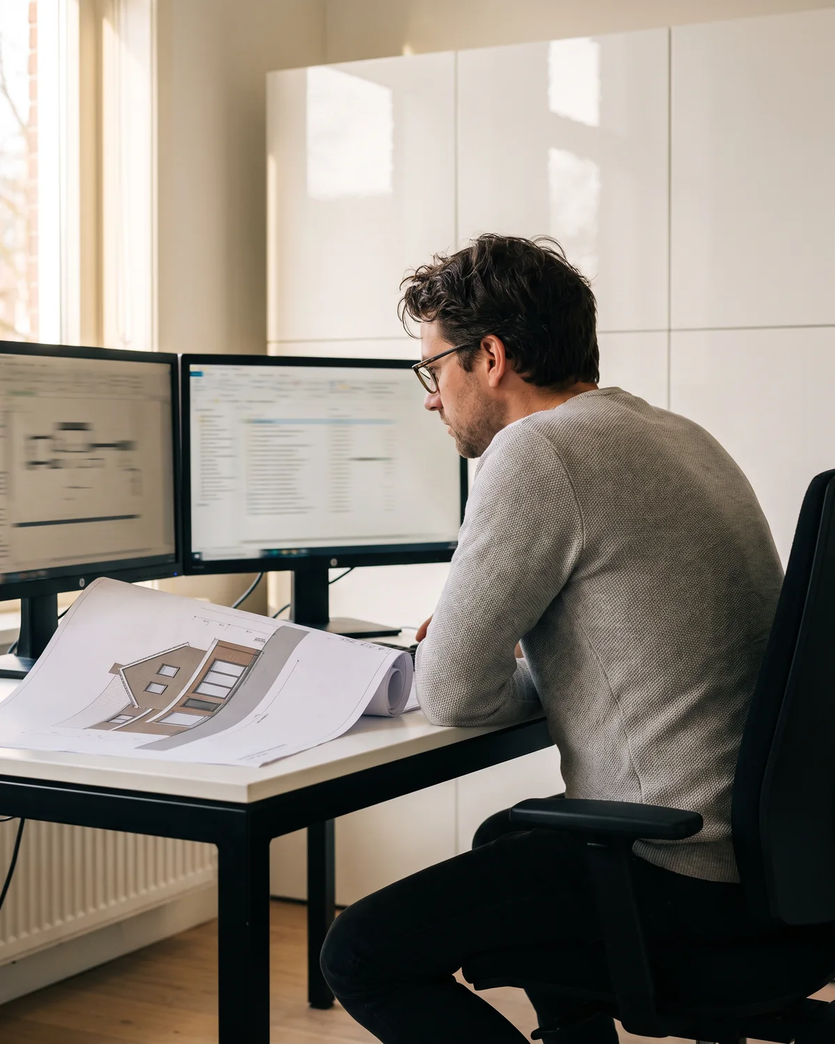 Een calculator loopt aan zijn bureau de regels van een begroting na
