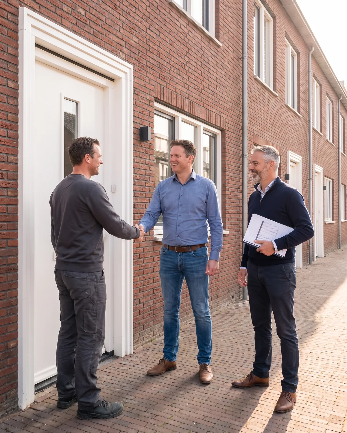 Een bewoner geeft de bouwer een hand op de stoep voor zijn huis