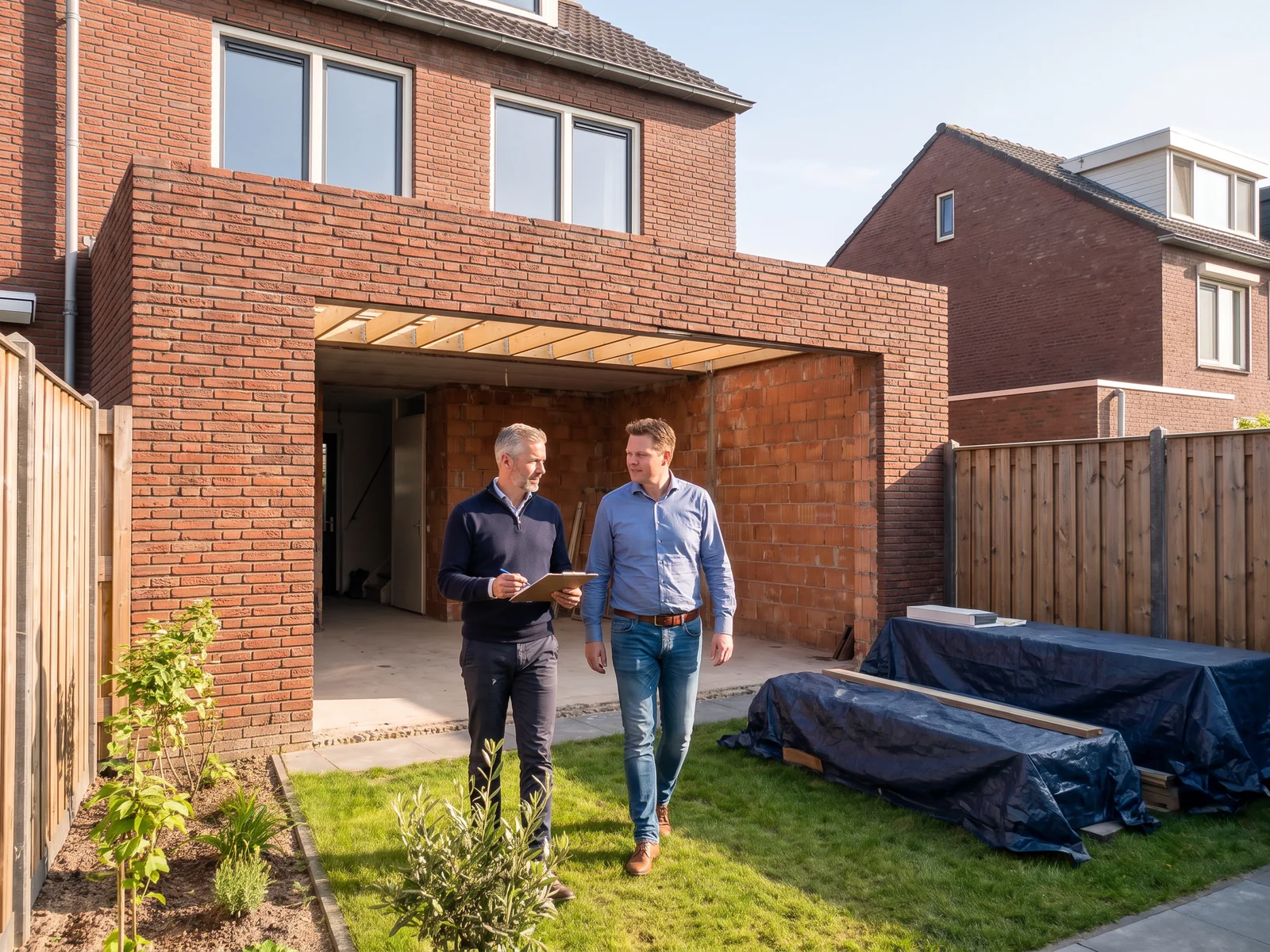 Een adviseur en een bewoner lopen langs een half af gebouwde uitbouw