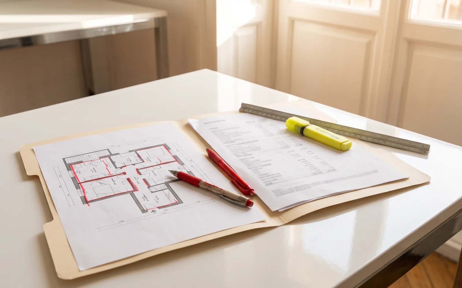 Een dossier met een plattegrond, een begroting en aantekeningen op een bureau