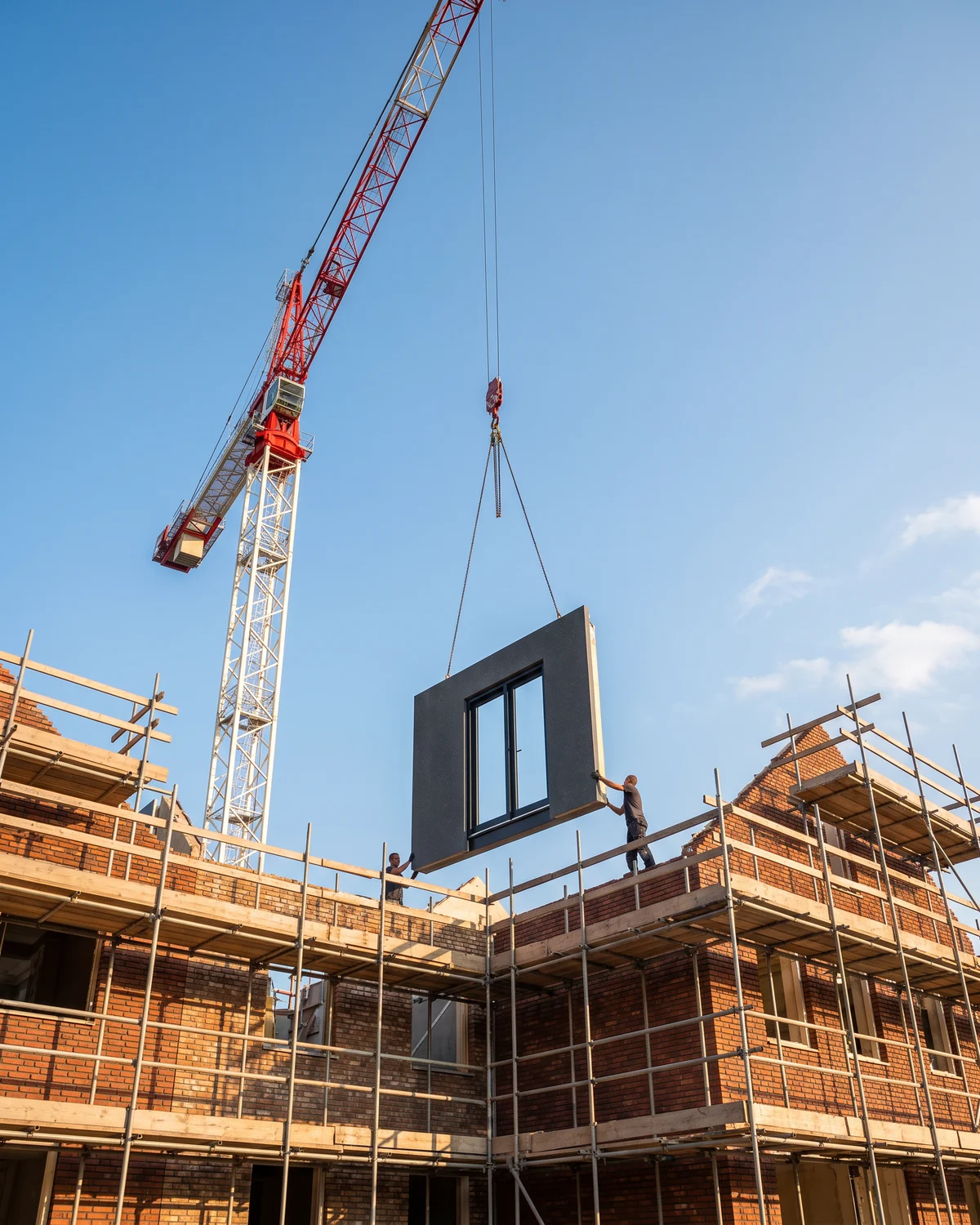 Een kraan zet een prefab gevelelement op zijn plek