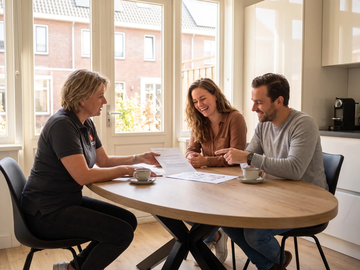 Een adviseur van Bouwbureau Nederland neemt aan de eettafel met de bewoners de volgorde van de maatregelen door; ze lachen en wijzen samen op de begroting