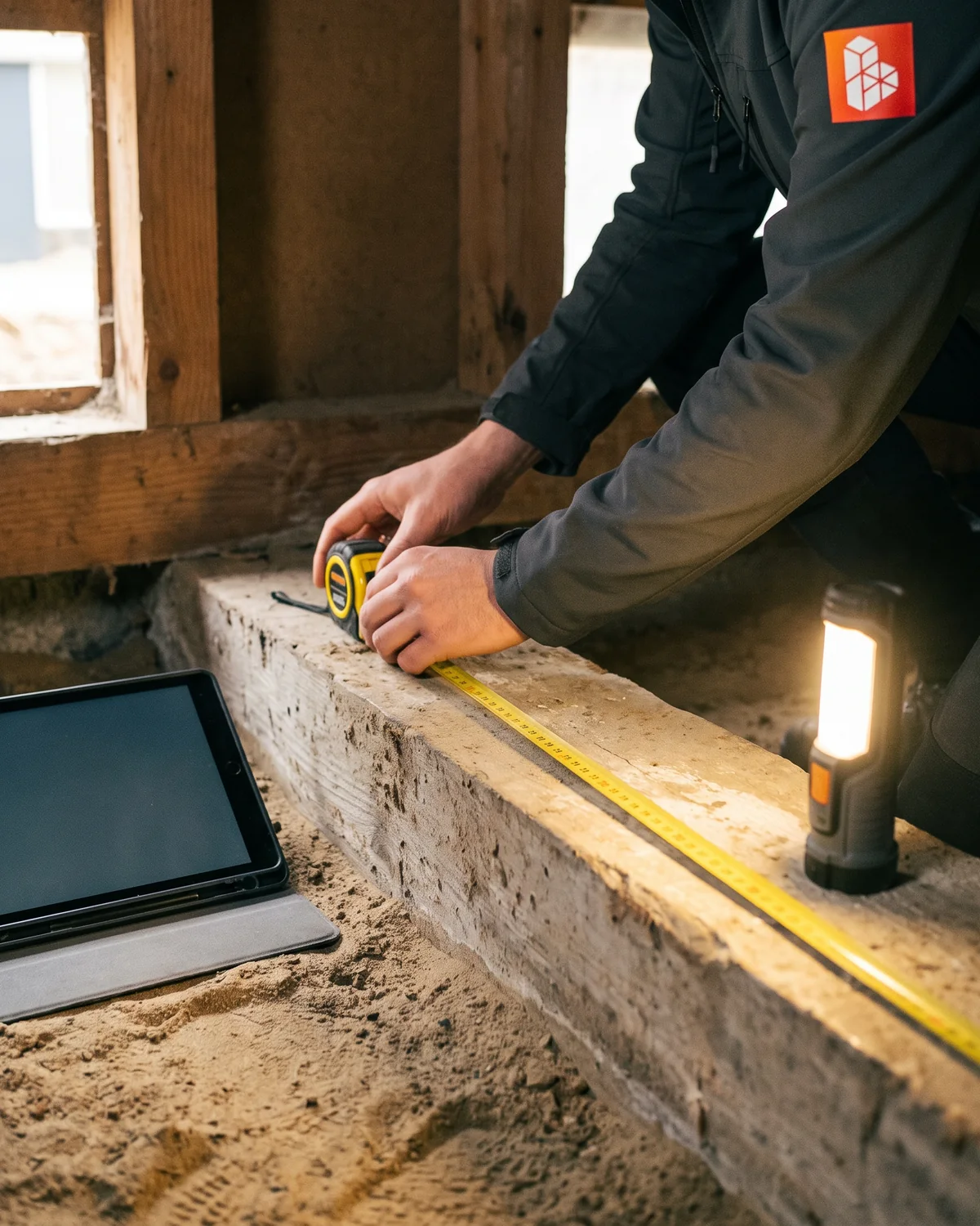 De handen van onze opnemer met een meetlint en een tablet in een kruipruimte, met een zaklamp op de vloerbalken