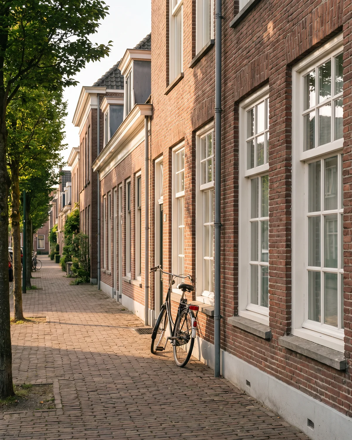 Een straat met oude rijwoningen in een beschermd stadsgezicht, met klassieke witte kozijnen, in de ochtendzon