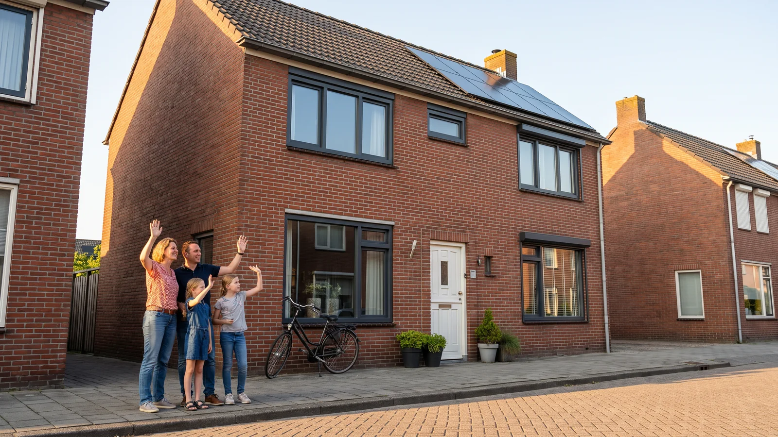 Een gezin met twee kinderen staat in de zon voor hun rijwoning met nieuwe kozijnen en zonnepanelen, en zwaait naar de buren
