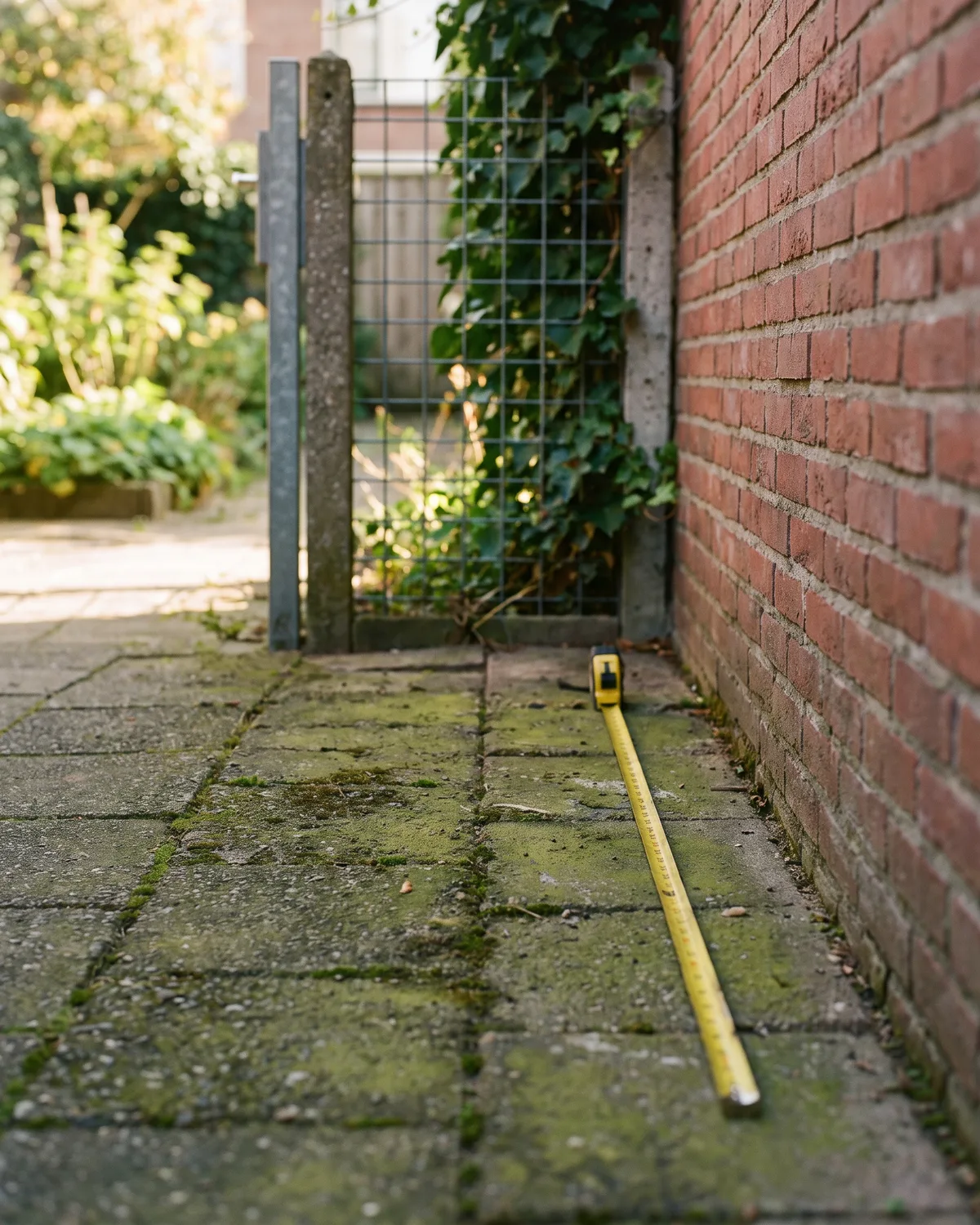 Een rolmaat langs de achtergevel van een rijwoning, waar een uitbouw moet komen