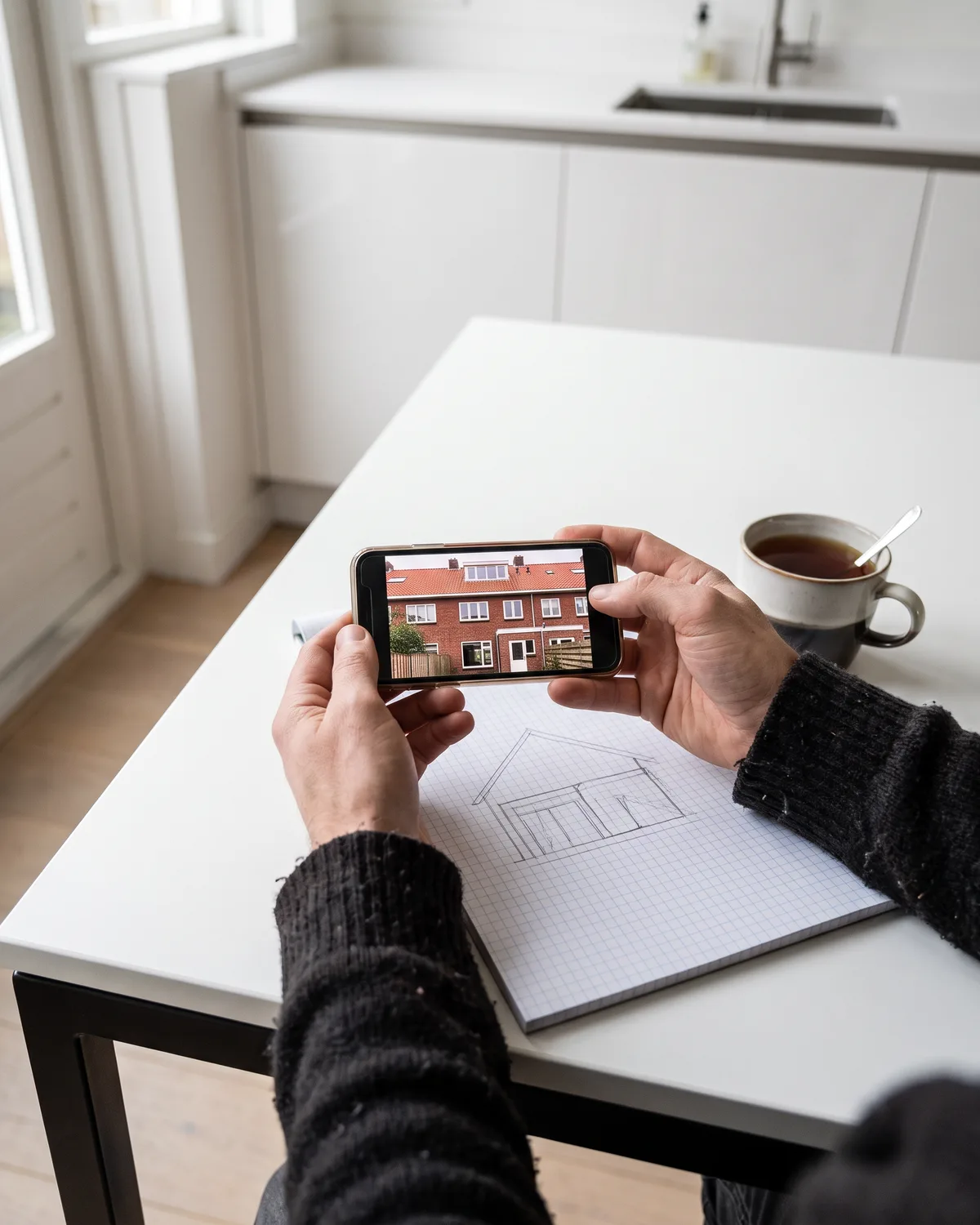 Handen houden een telefoon met foto's van een achtergevel boven een schets op ruitjespapier