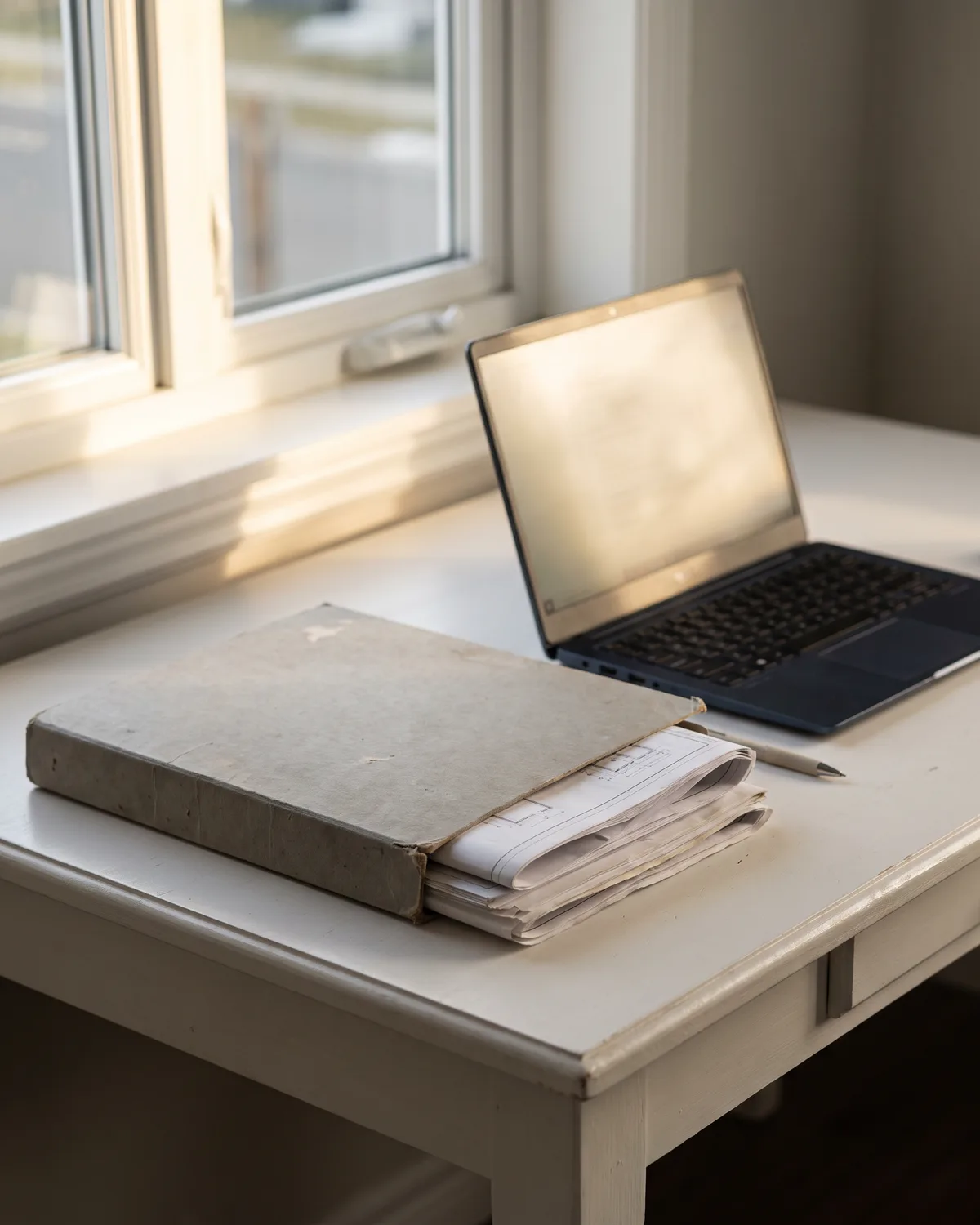 Een dichte dossiermap met tekeningen naast een laptop op een bureau