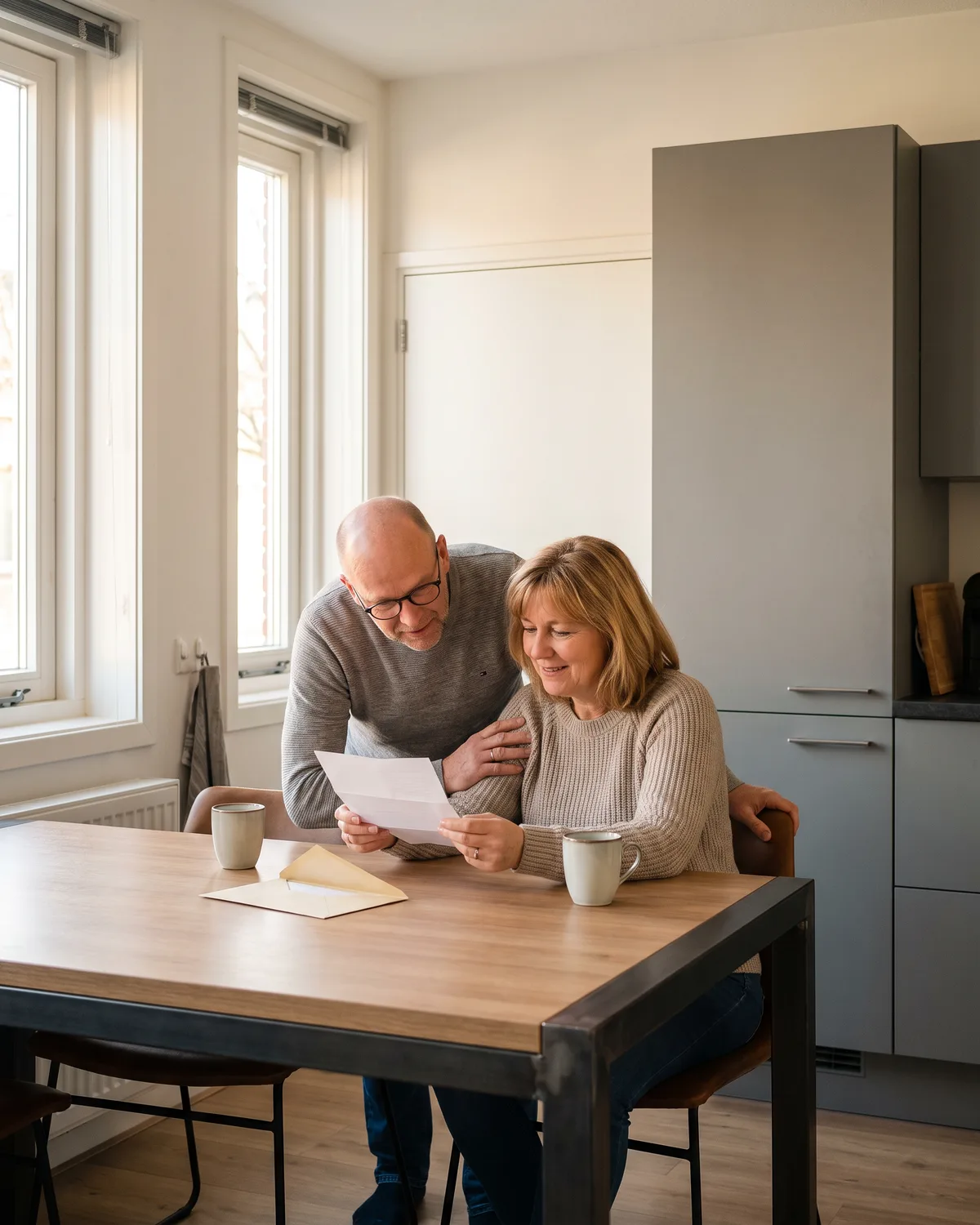 Twee bewoners lezen aan de keukentafel een brief, met een kop koffie erbij