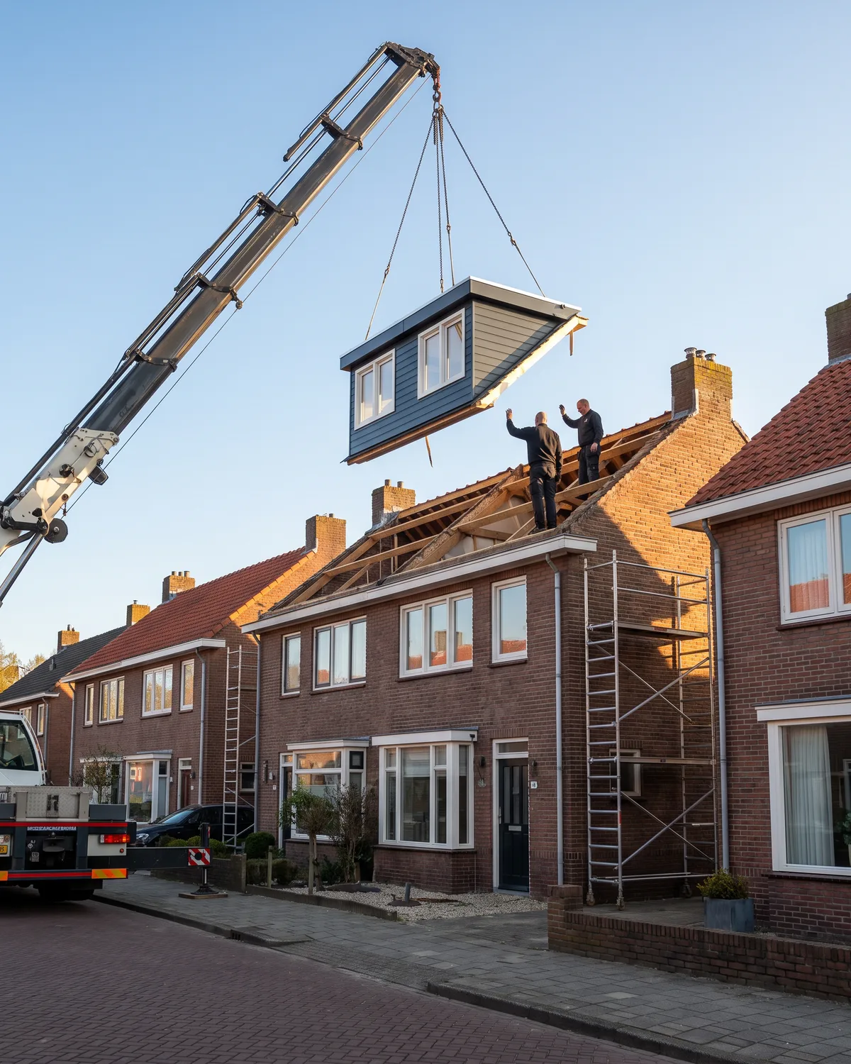 Bouwers zetten met een kraan een prefab dakopbouw op een rijwoning