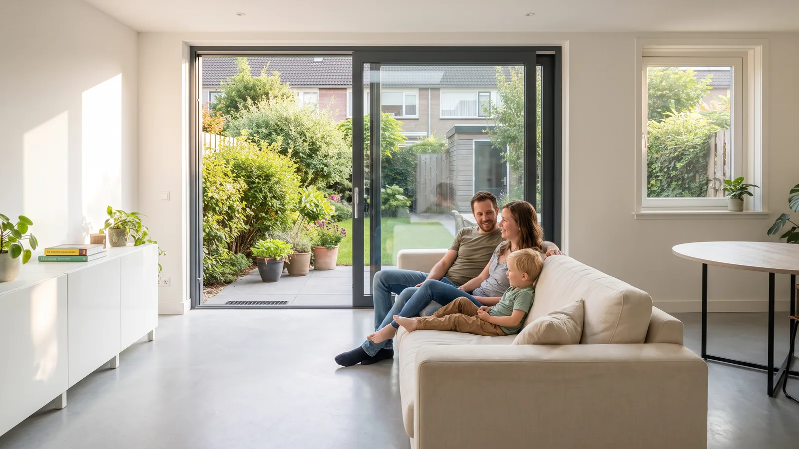 Twee bewoners zitten aan het eind van de middag in hun nieuwe uitbouw, met de schuifpui open naar de tuin